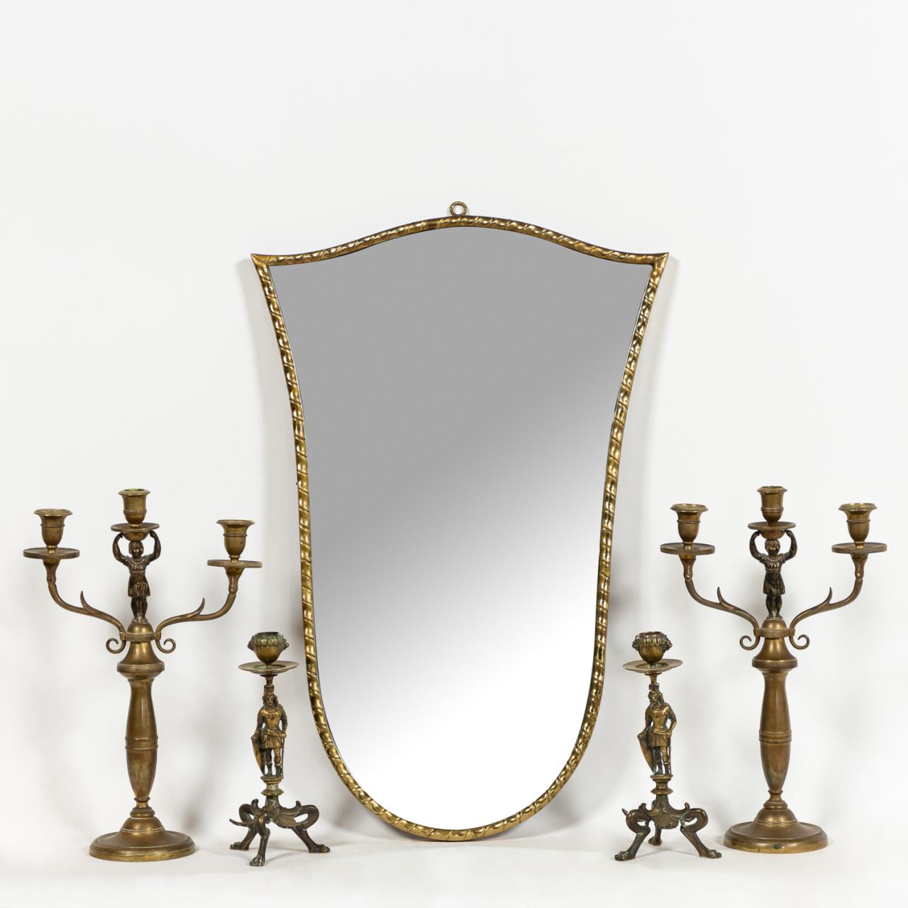 BRASS SHIELD MIRROR FIGURAL CANDLESTICKS  35d711