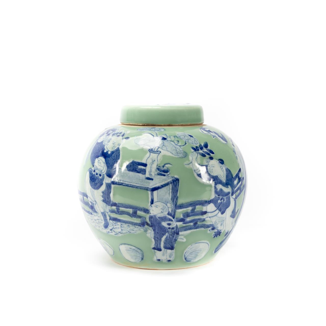 CHINESE CELADON FIGURAL MOTIF LIDDED