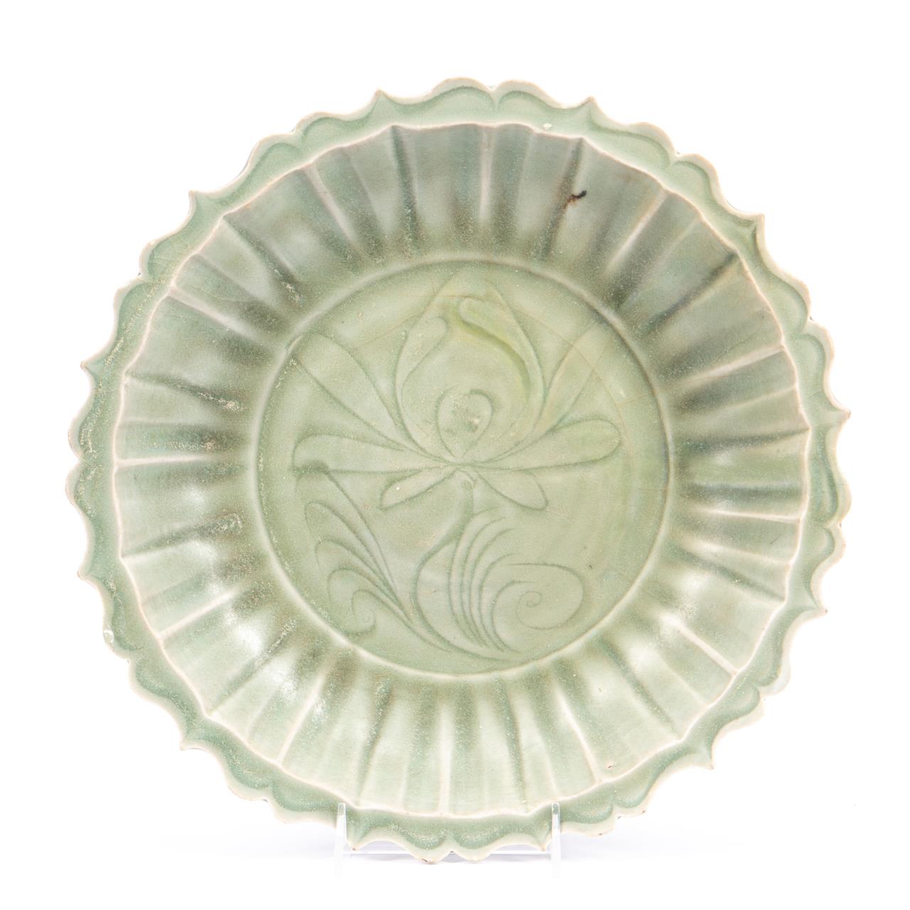 CHINESE CELADON GLAZED FLORAL SHALLOW