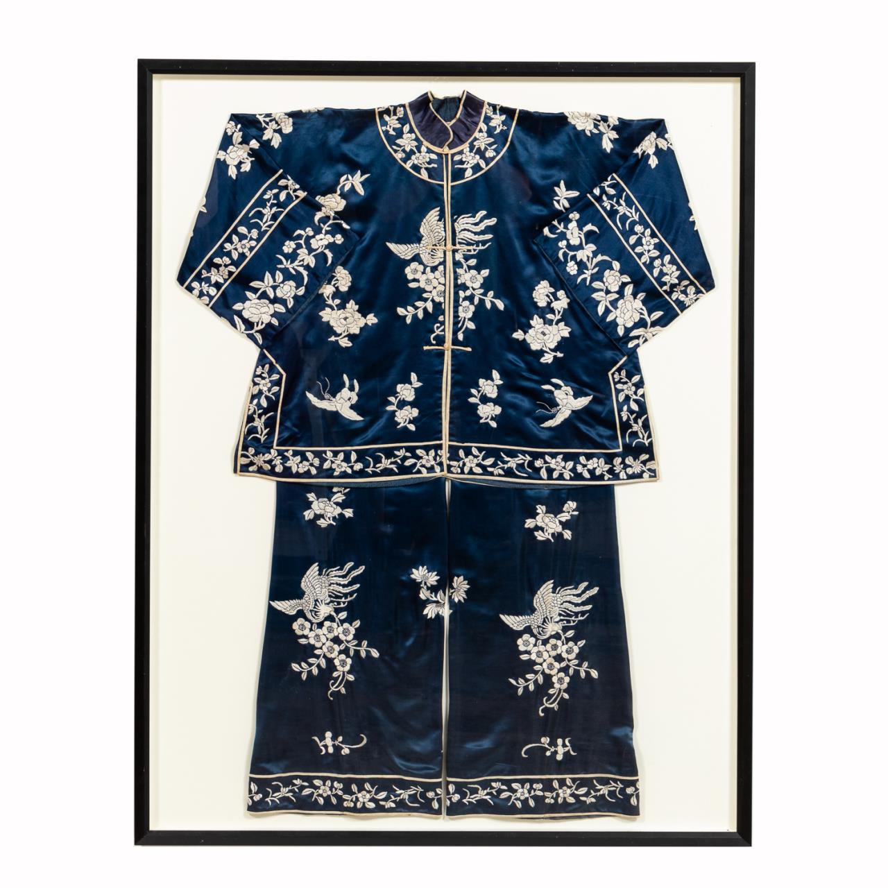 CHINESE, FRAMED BLUE EMBROIDERY