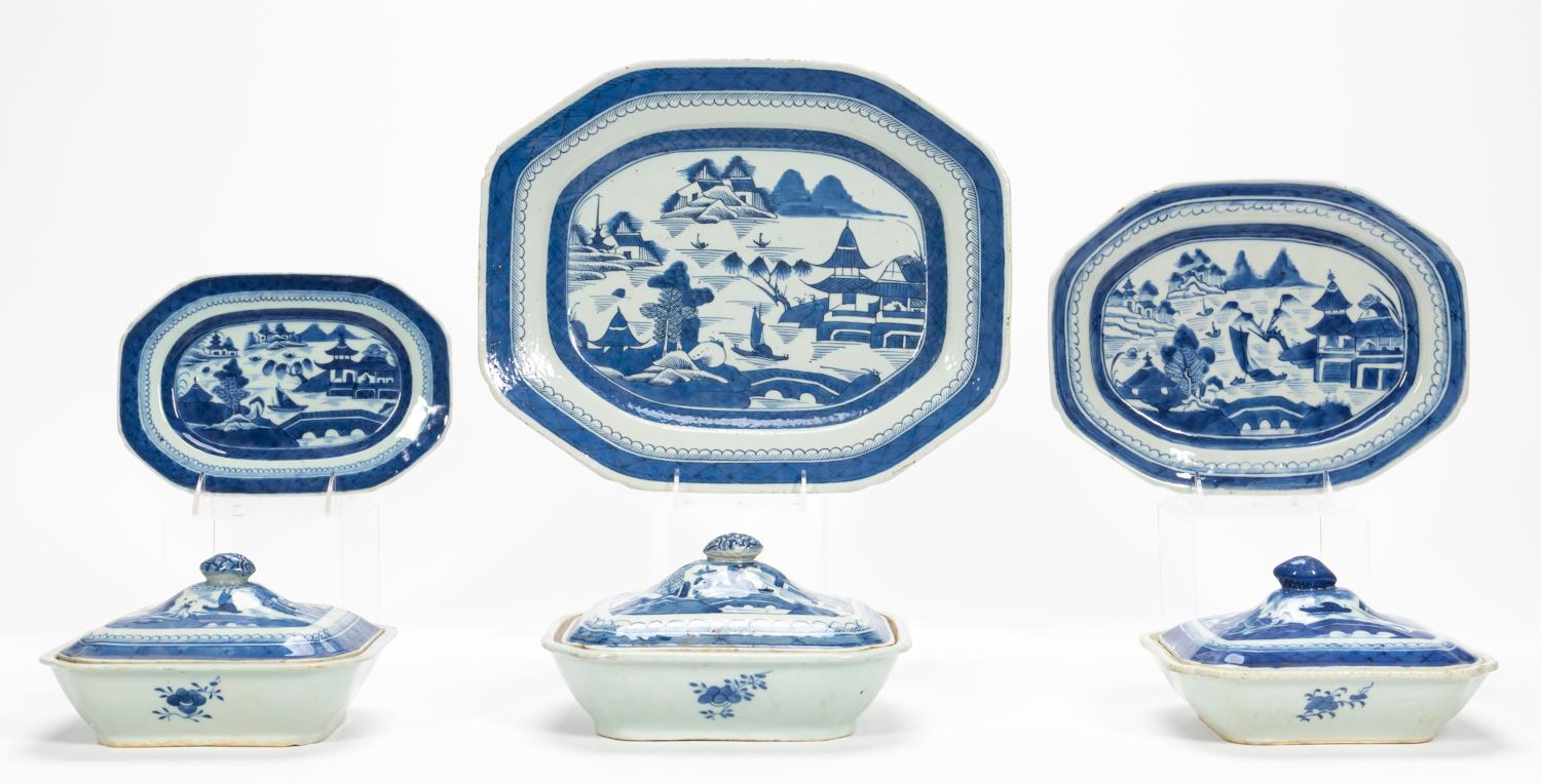 6PC BLUE & WHITE CANTON, PLATTERS &