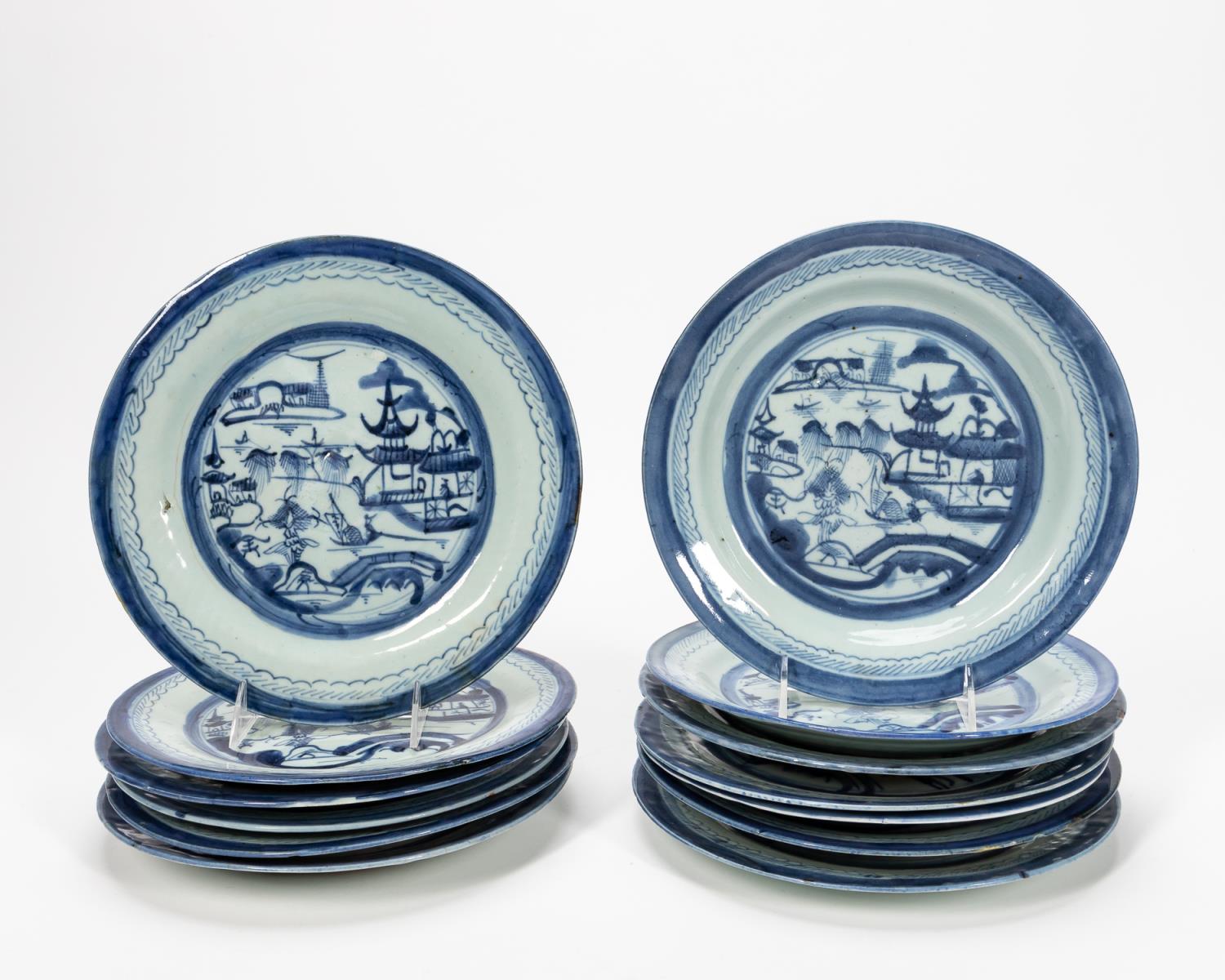 BLUE & WHITE CANTON PORCELAIN PLATES,