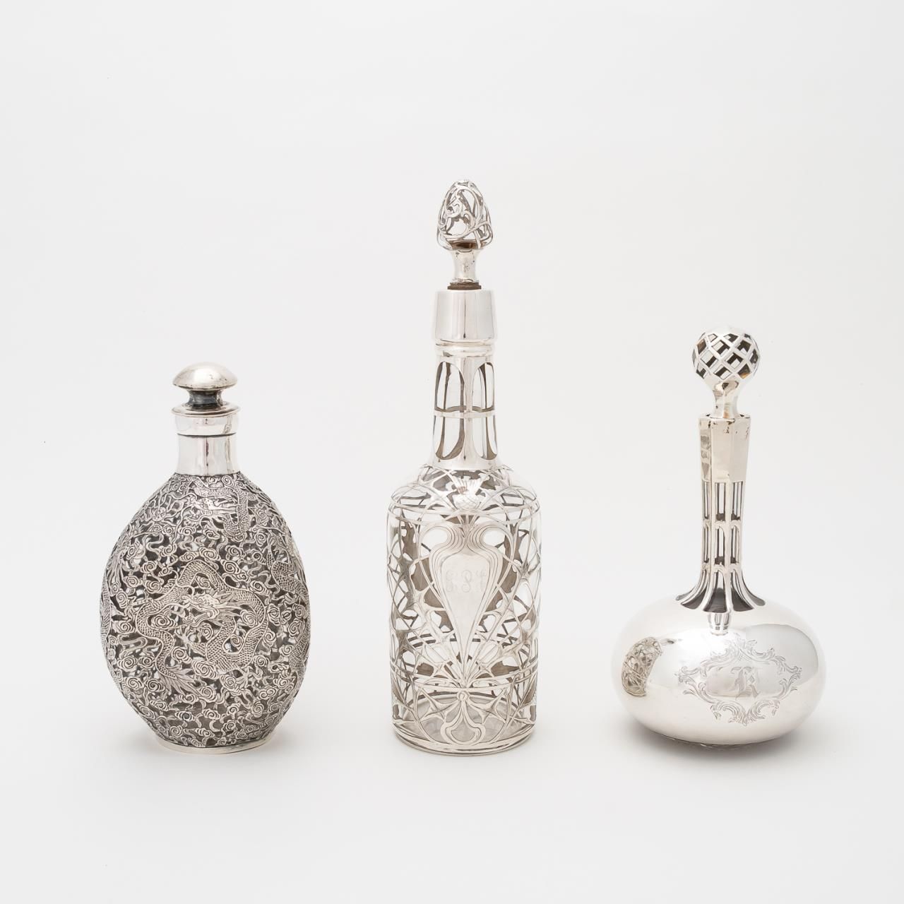 3 PCS STERLING OVERLAY DECANTERS  35dce8