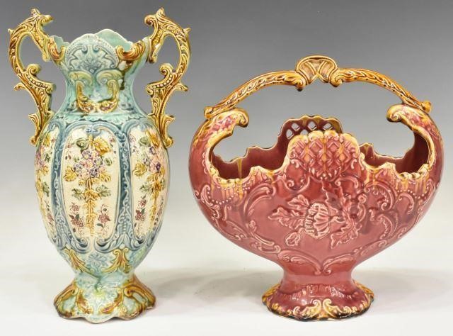 (2) FRENCH MAJOLICA VASE & RETICULATED