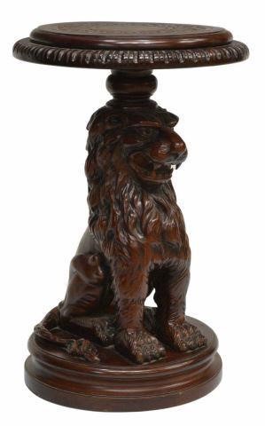 CARVED MAHOGANY LION DISPLAY PEDESTAL