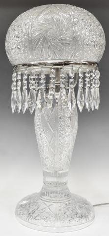 LARGE CUT GLASS DOME TABLE LAMP W/ CRYSTAL