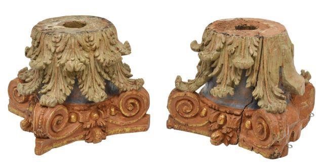  2 CARVED POLYCHROMED WOOD CAPITALS  35ba09