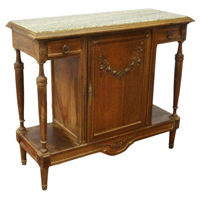 FRENCH MARBLE-TOP CARVED OAK SIDEBOARDFrench