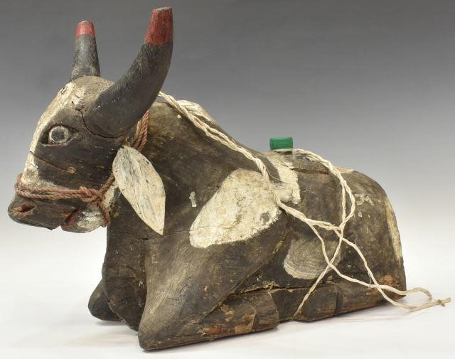 MEXICAN PAINTED WOOD SEATED COW