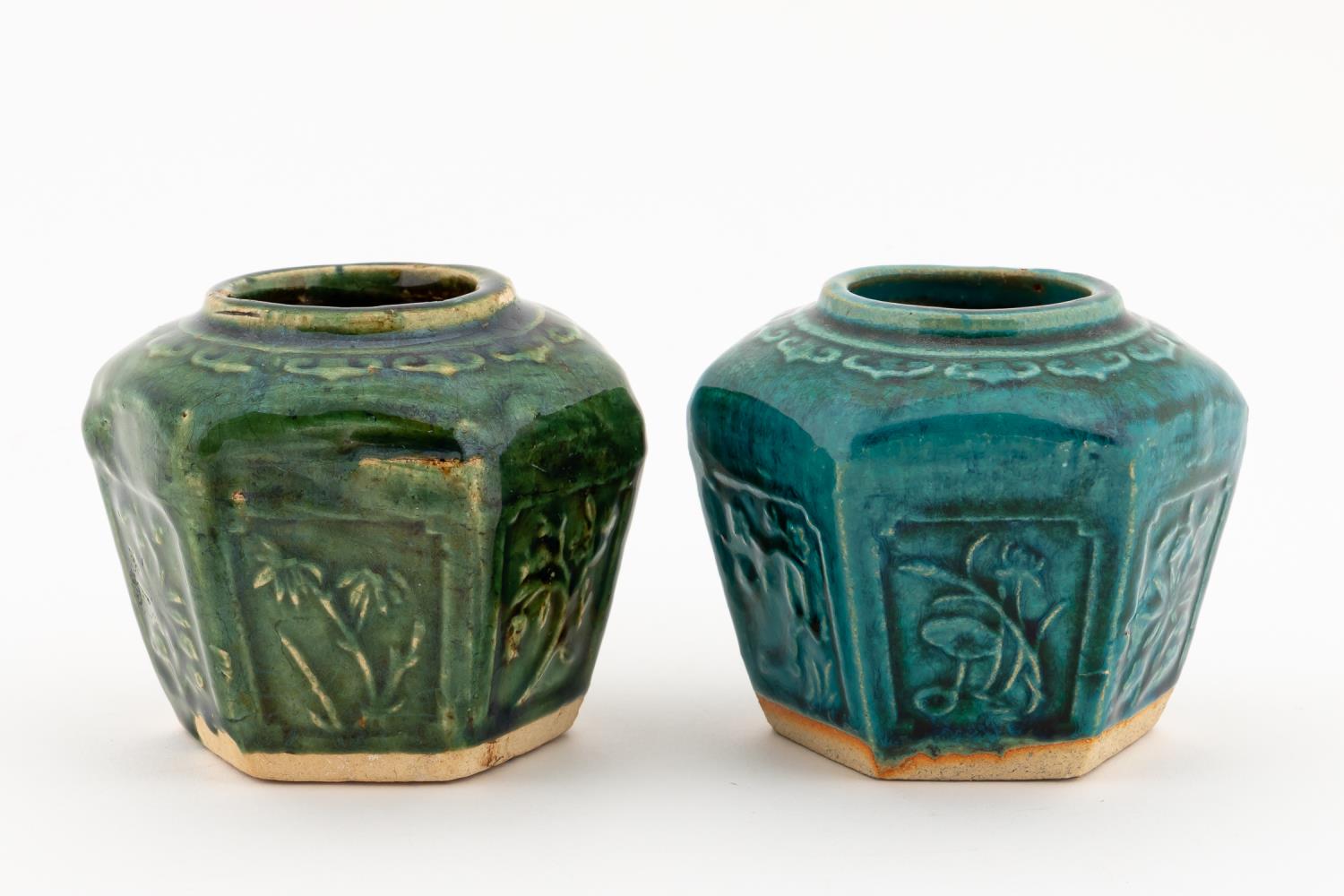 TWO CHINESE STONEWARE JARS, BLUE