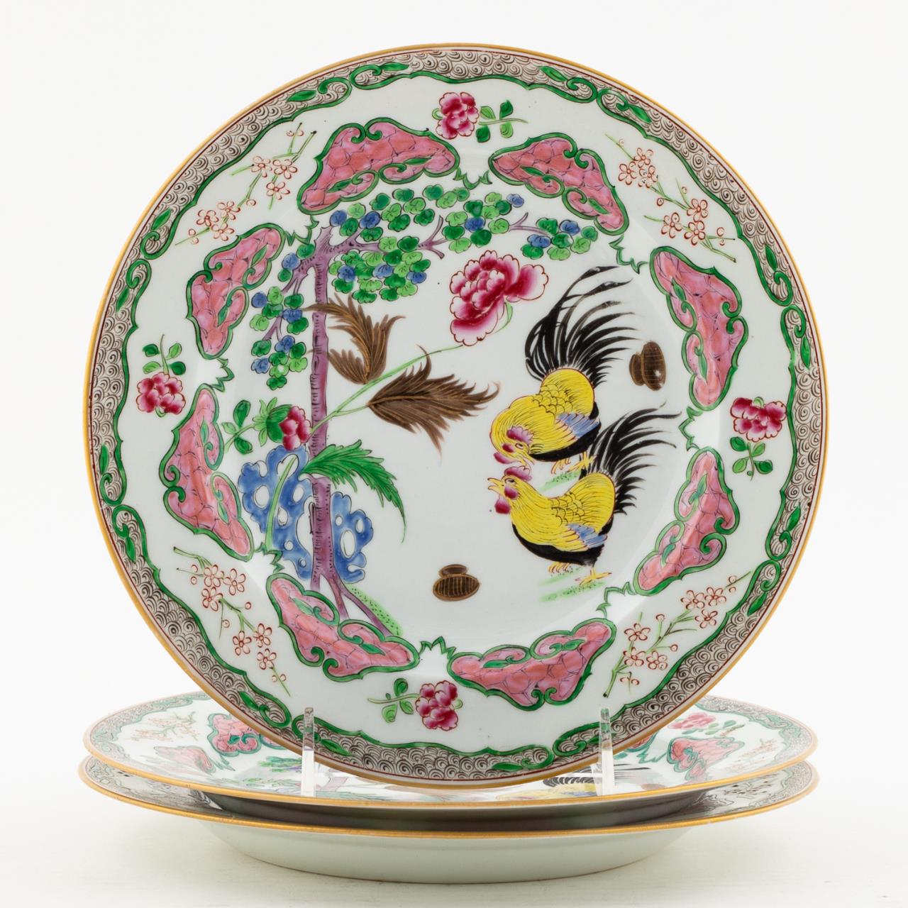 THREE CHINESE EXPORT ROOSTER MOTIF