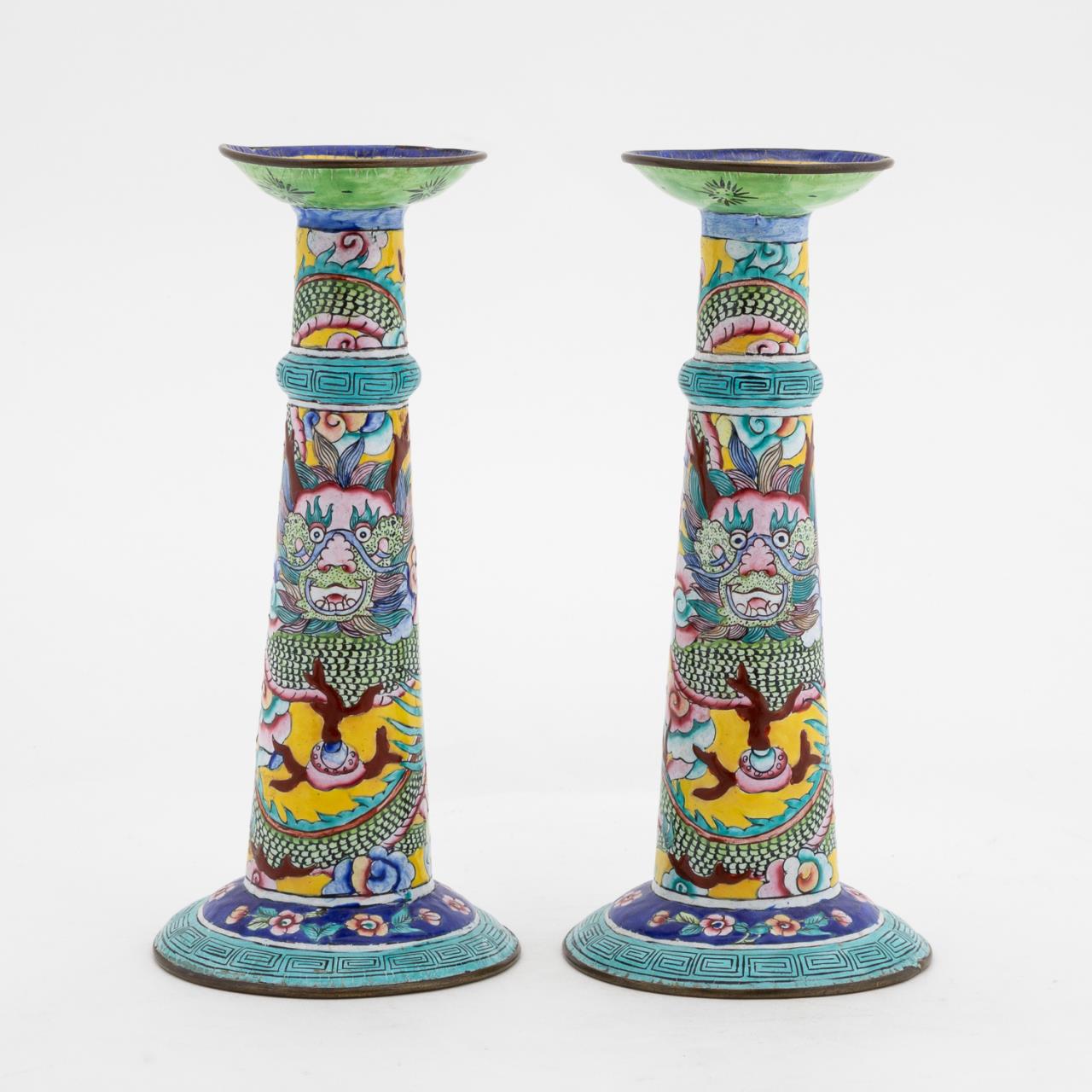 CHINESE PAIR OF CANTON ENAMEL CANDLESTICKS  35c371