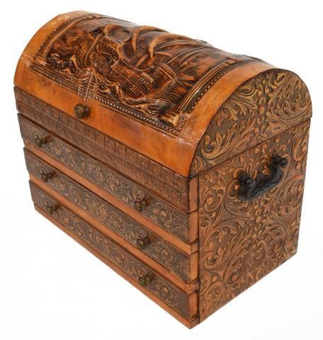 TOOLED LEATHER-CLAD DOMED TOP TRUNK