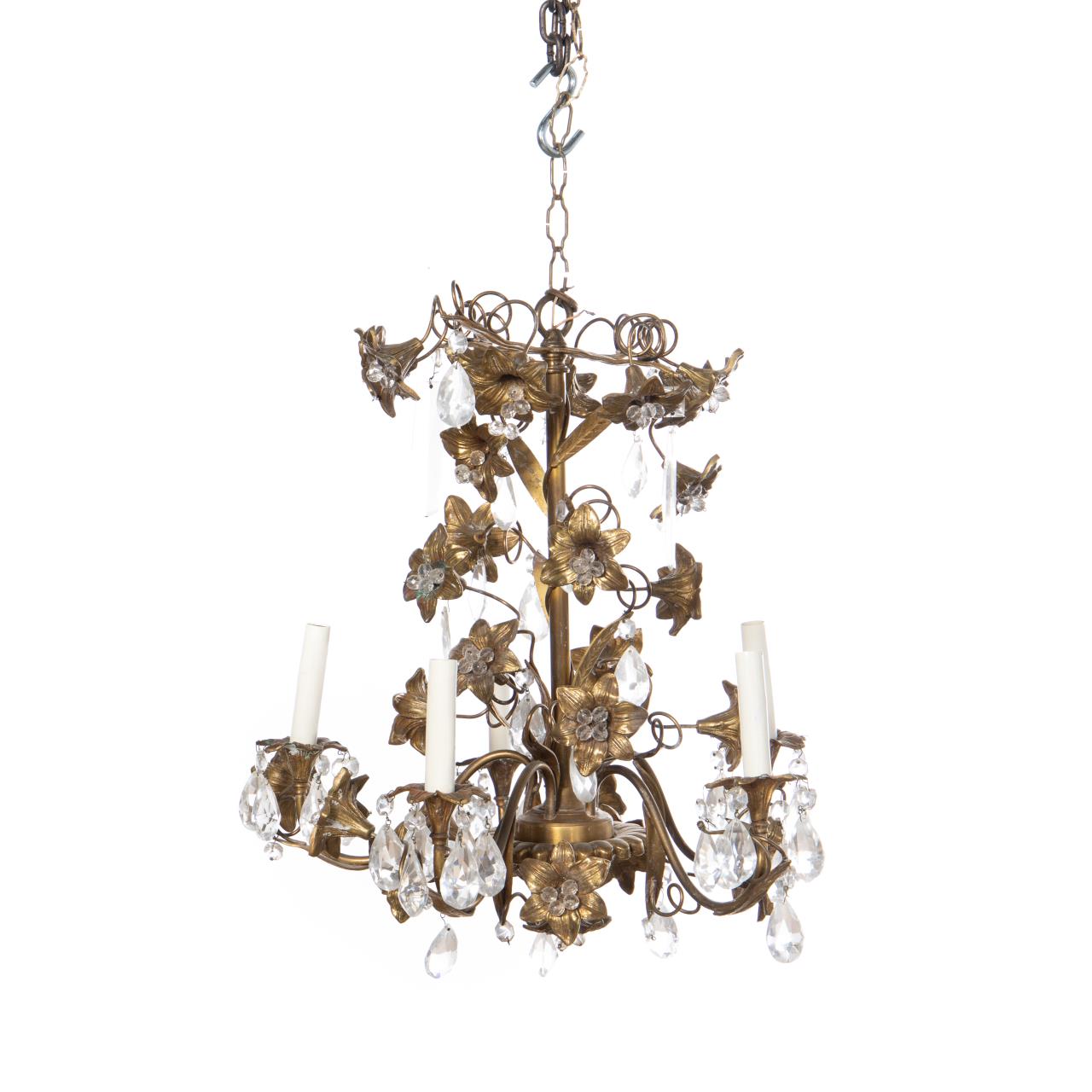 ITALIAN BRASS LILY & CRYSTAL FIVE-LIGHT