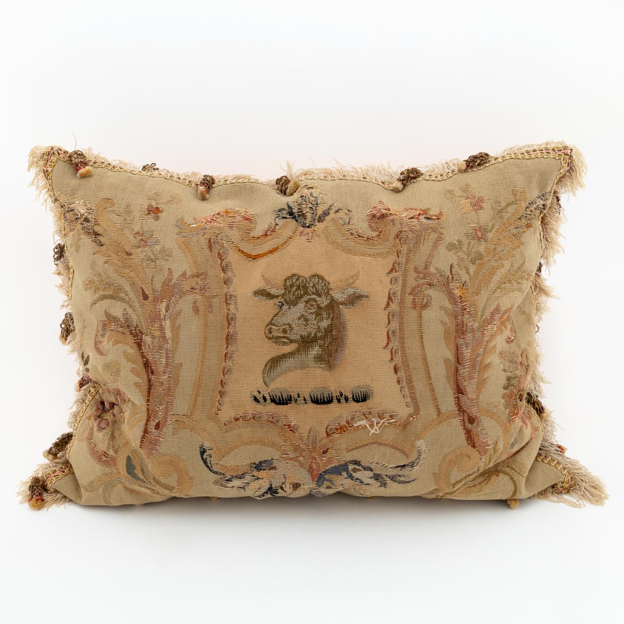 AUBUSSON TAPESTRY PILLOW WITH BULL S 35c526