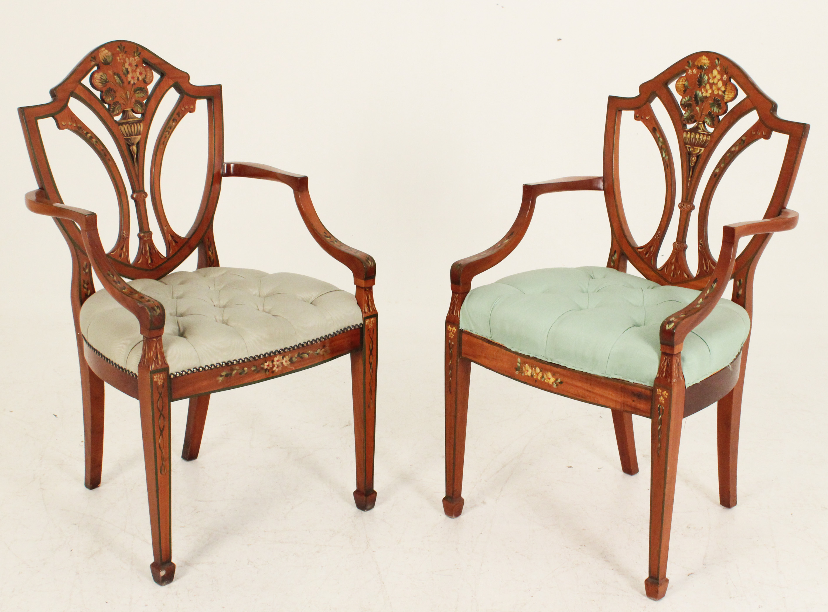 PAIR OF PAINTED SATINWOOD SHIELD BACK