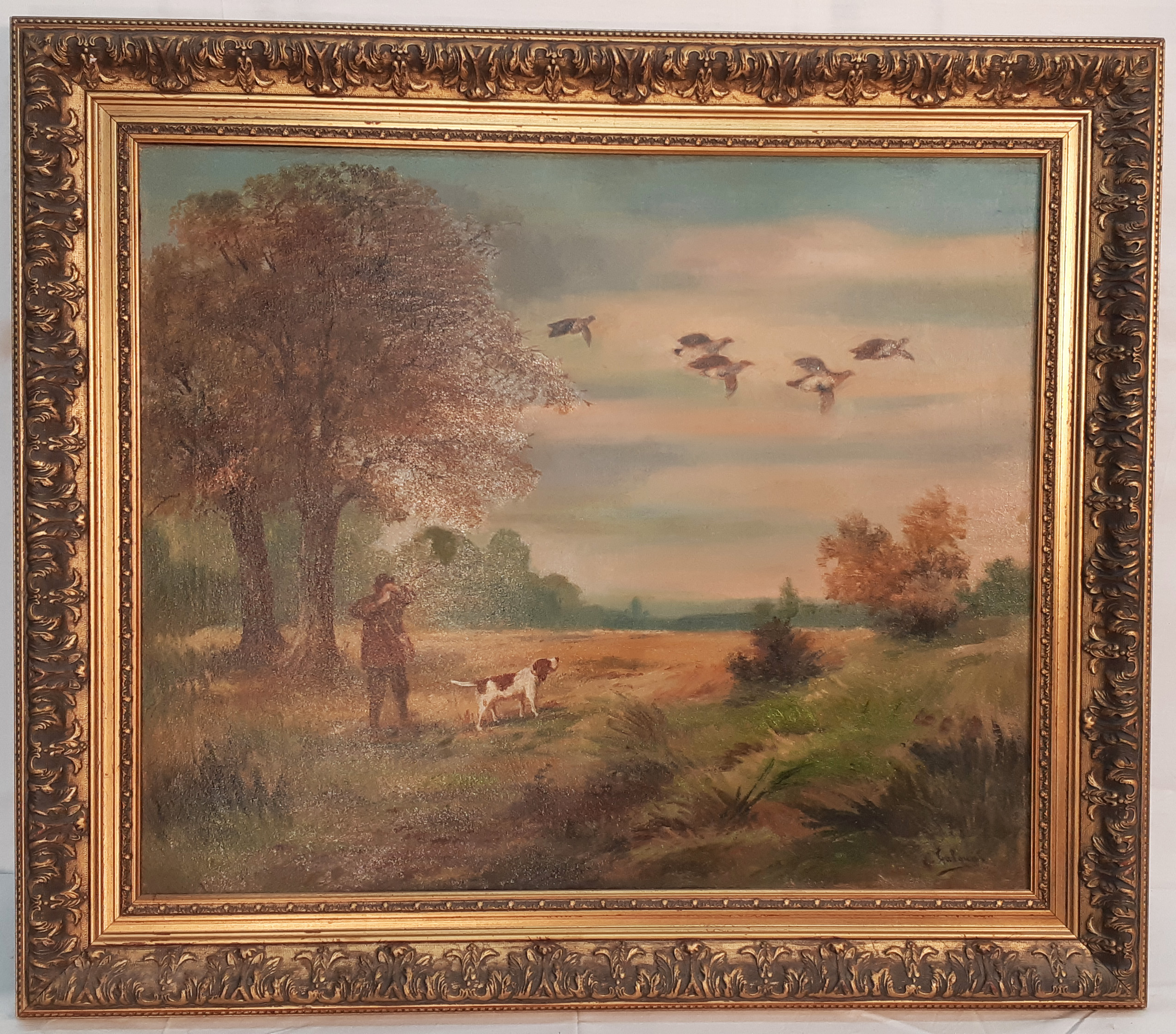 SIGNED FRENCH O C PAINTING OF HUNTER 35f313
