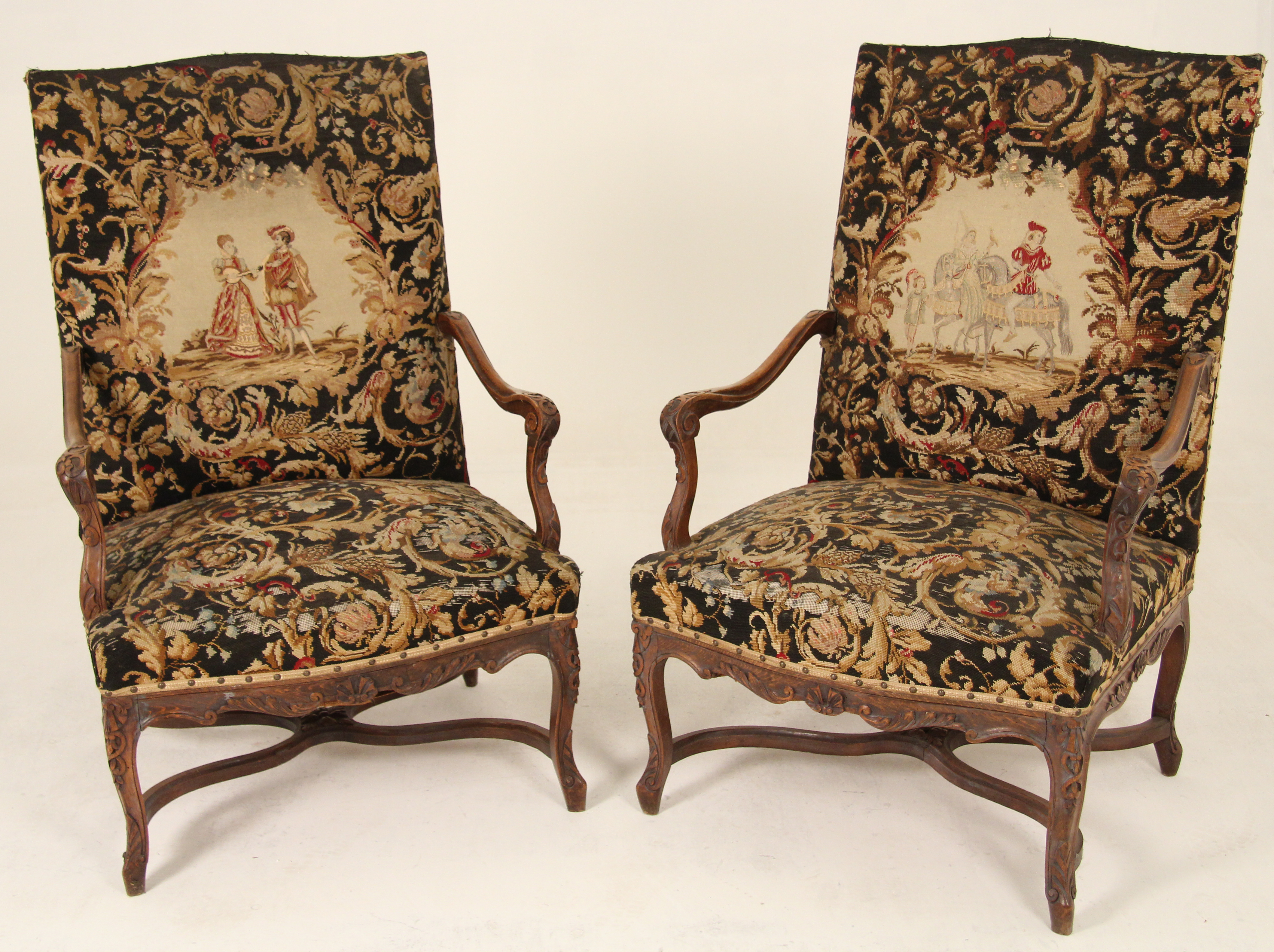 PR. OF LOUIS XV STYLE WALNUT FAUTEUILS