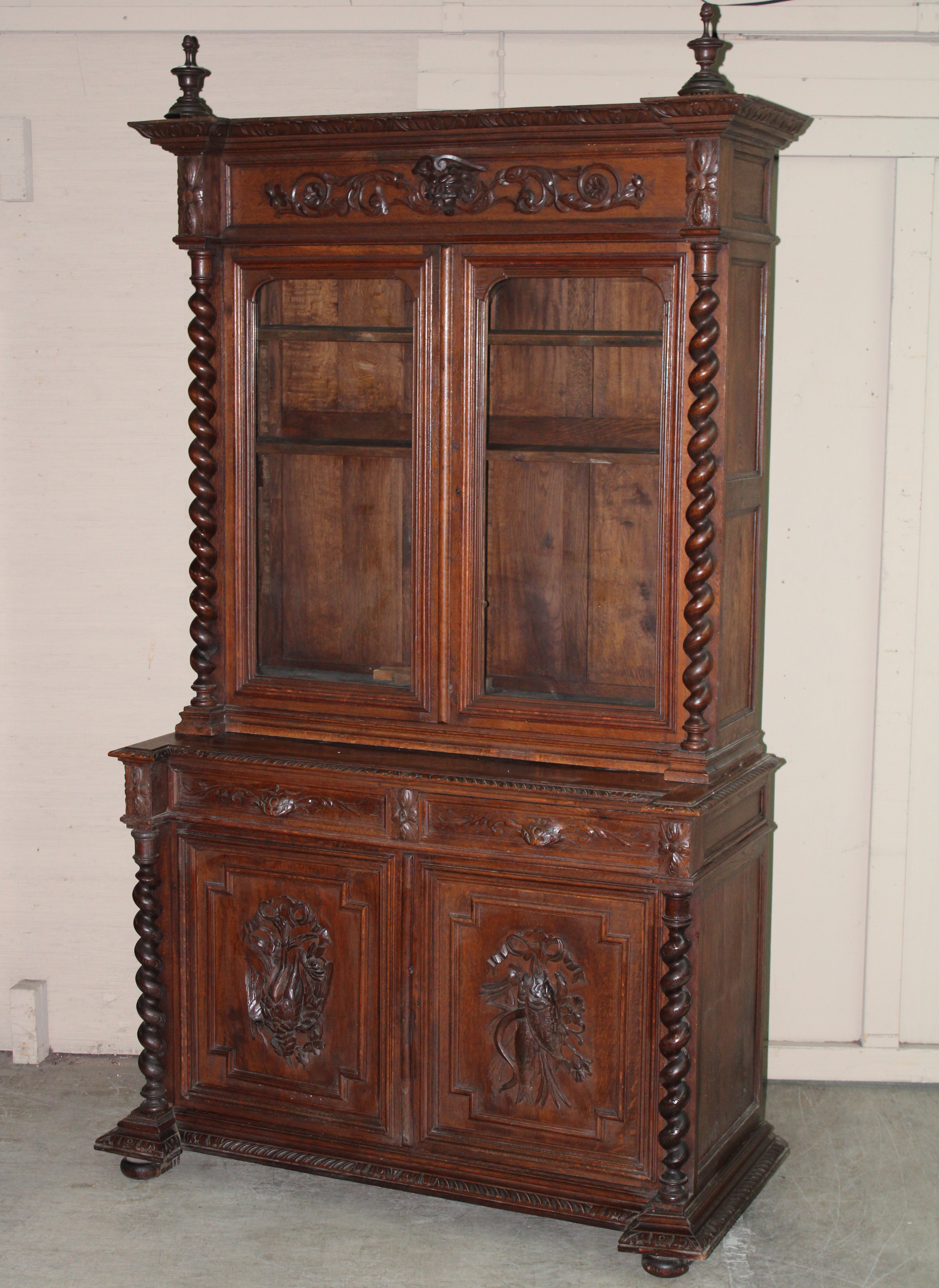 HENRI II CARVED OAK SPORTSMAN CABINET