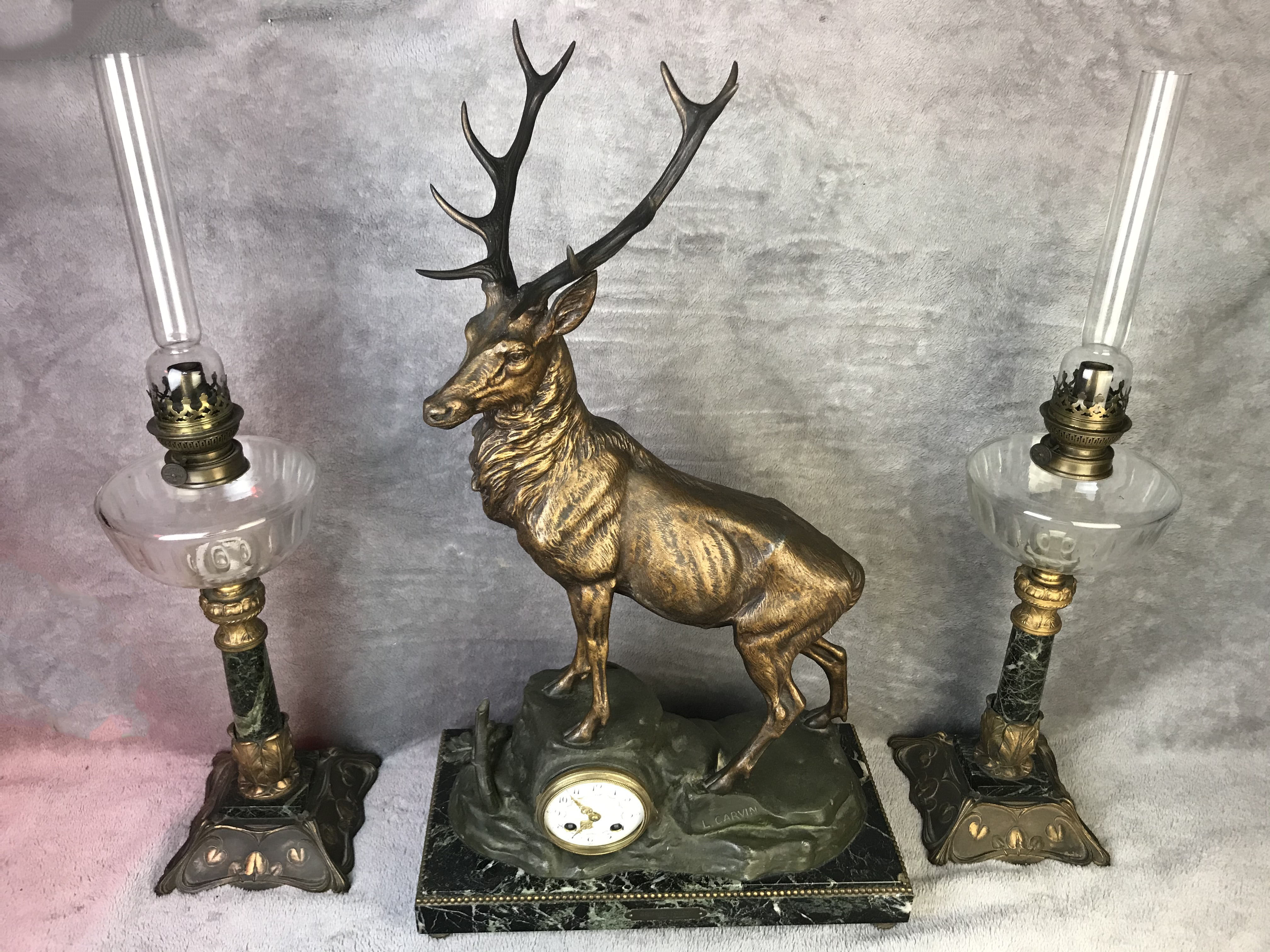 3 PC. FRENCH STAG MOUNTED CLOCK GARNITURE