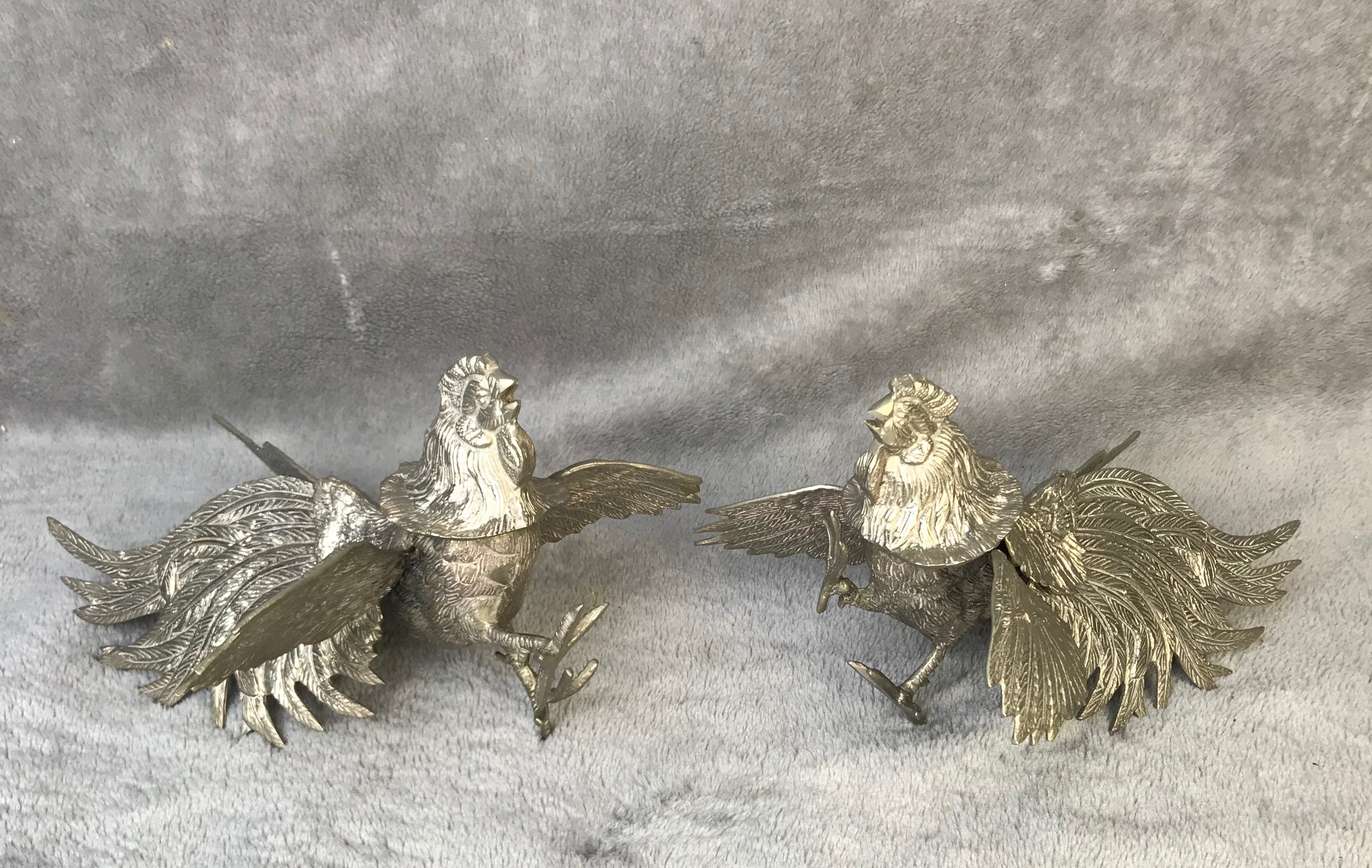 2 SILVER PLATE ROOSTER TABLE ORNAMENTS