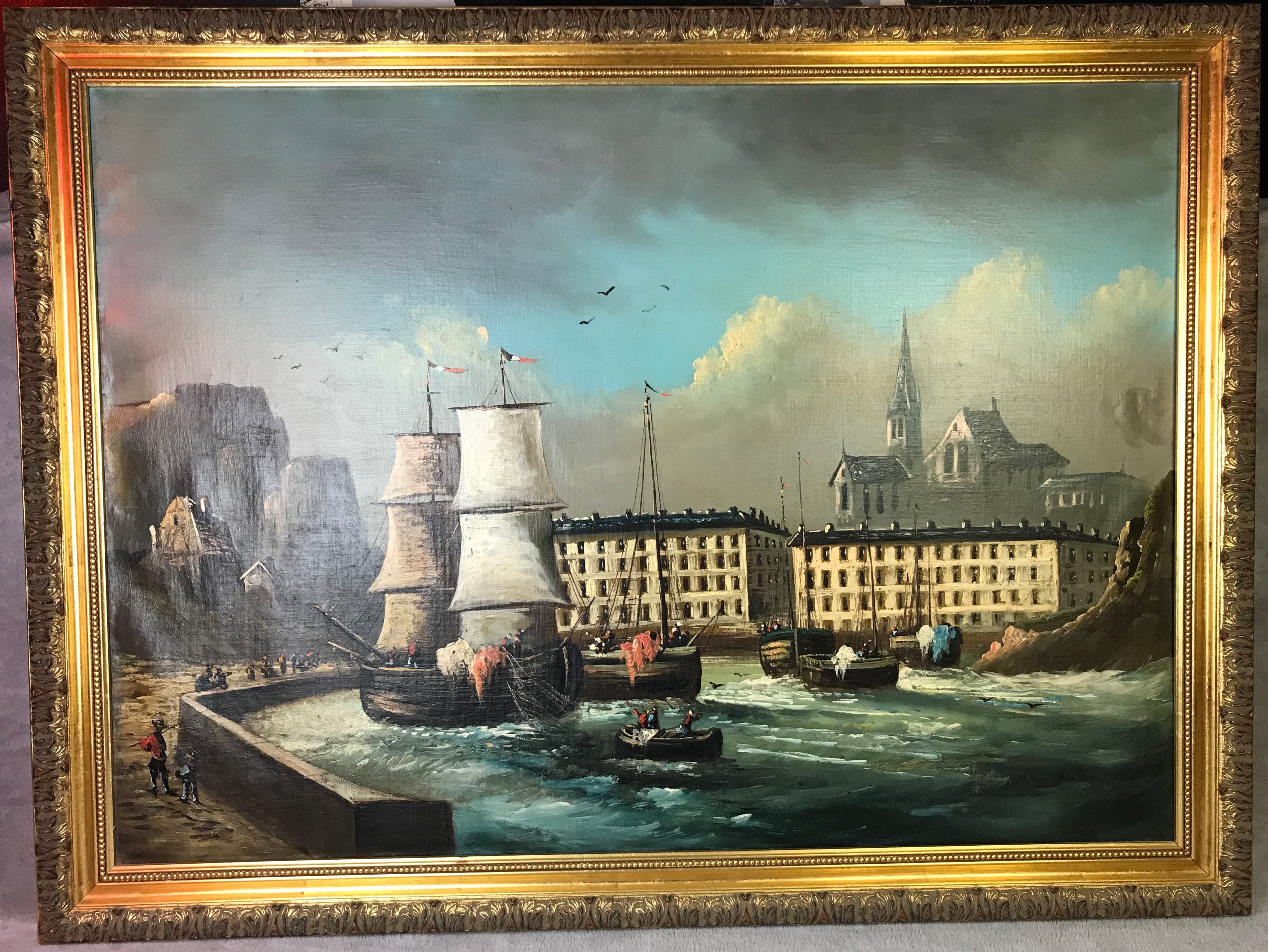 FRENCH OIL ON CANVAS HARBOR SCENE 35fc3e