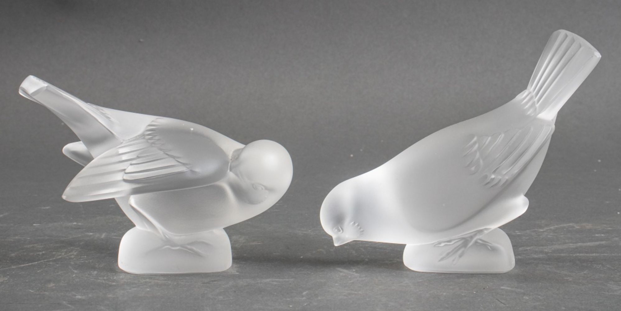 LALIQUE FROSTED CRYSTAL DOVE PAPERWEIGHTS,