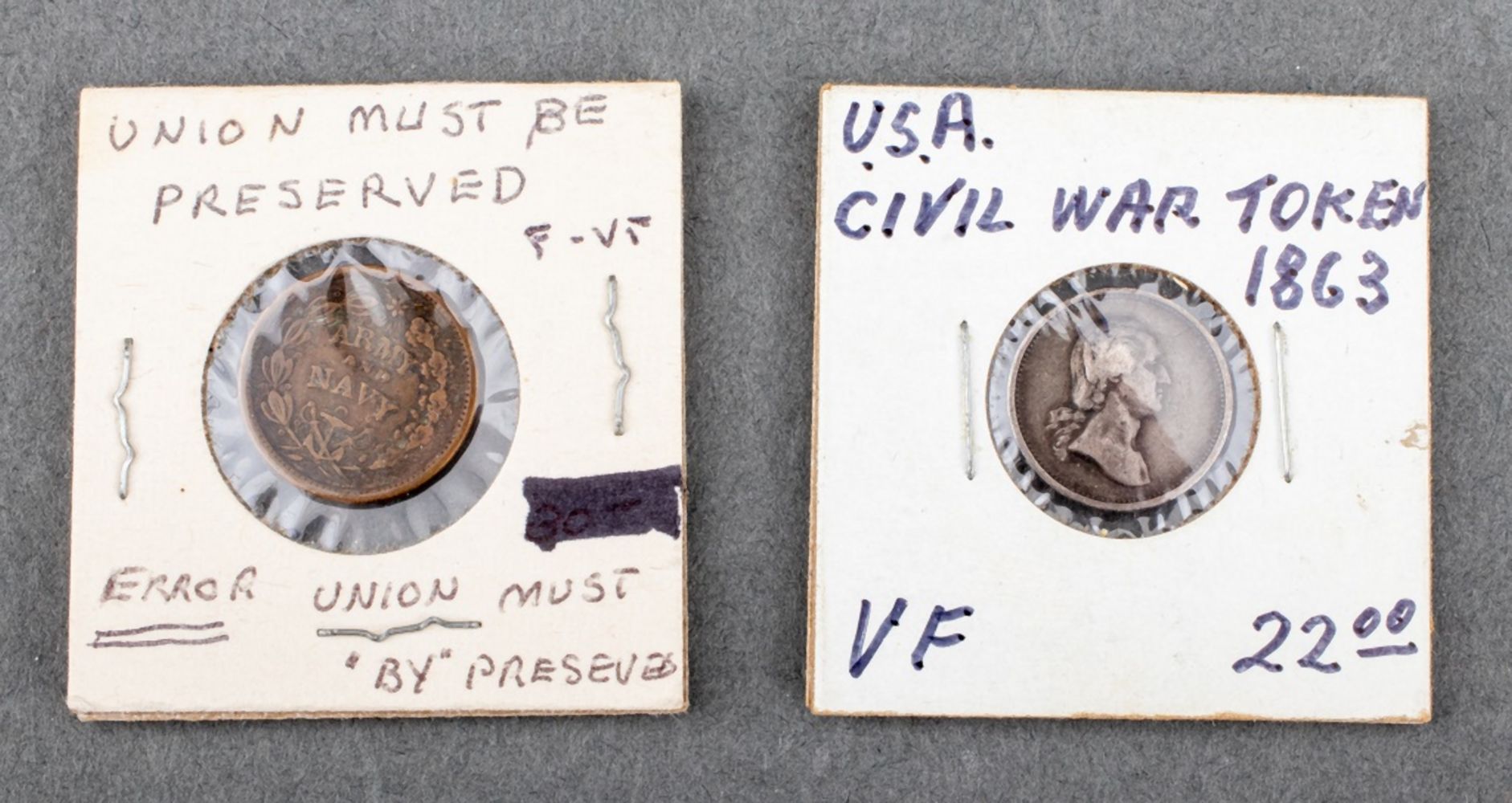 U.S. CIVIL WAR TOKEN COINS, 2 PIECES