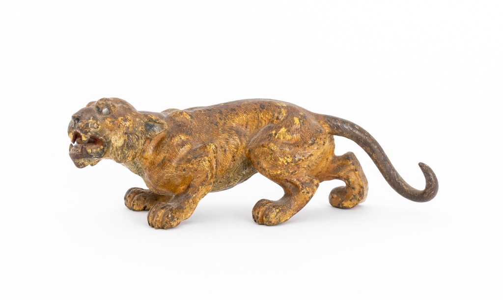 POLYCHROMED CAST BRASS TIGER, EARLY