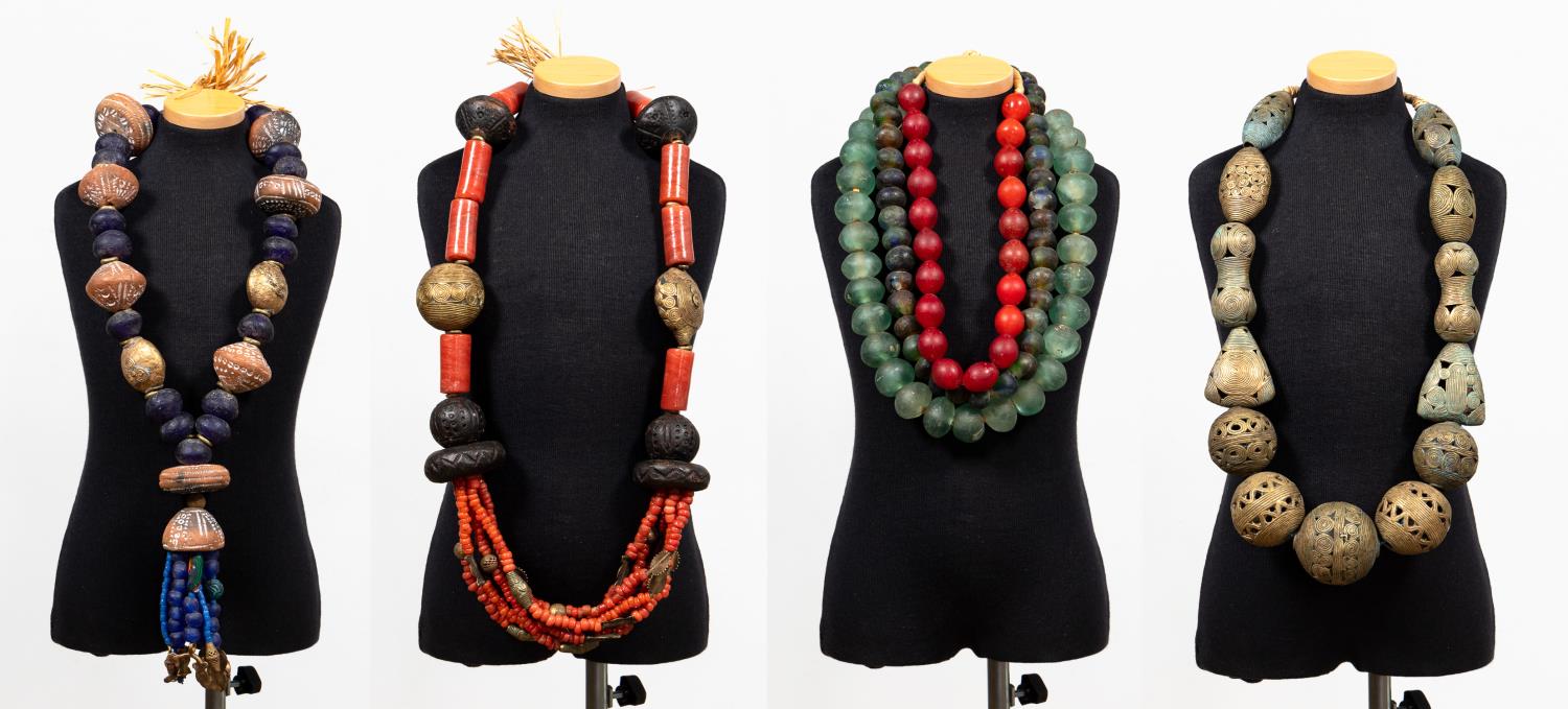 6 STRANDS, AFRICAN GLASS & BRONZE