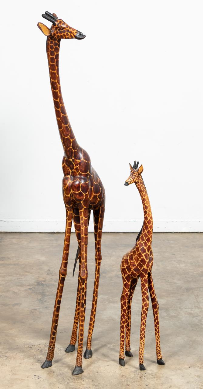 TWO CARVED WOOD AFRICAN GIRAFFE