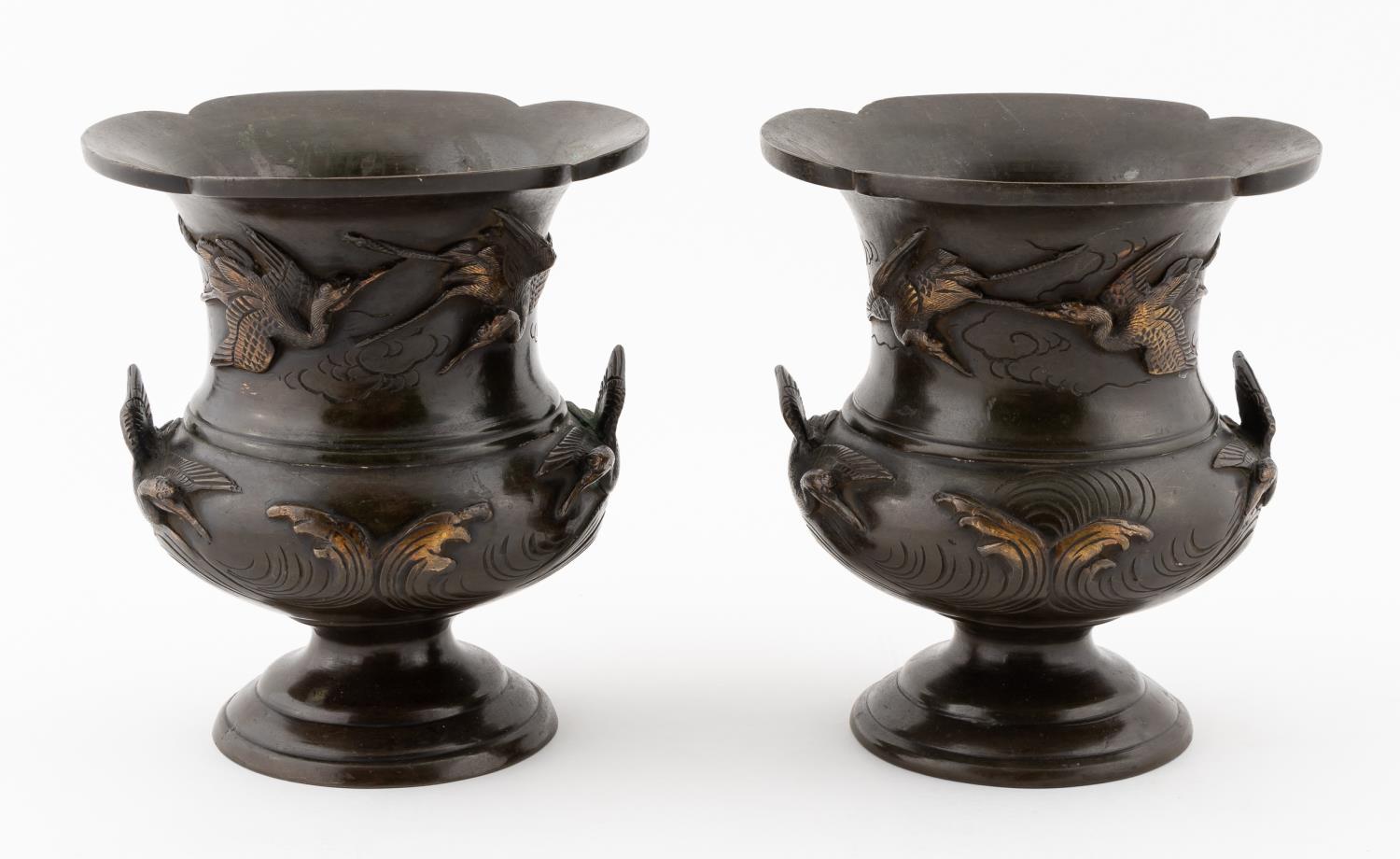 PAIR, JAPANESE BRONZED URNS WITH