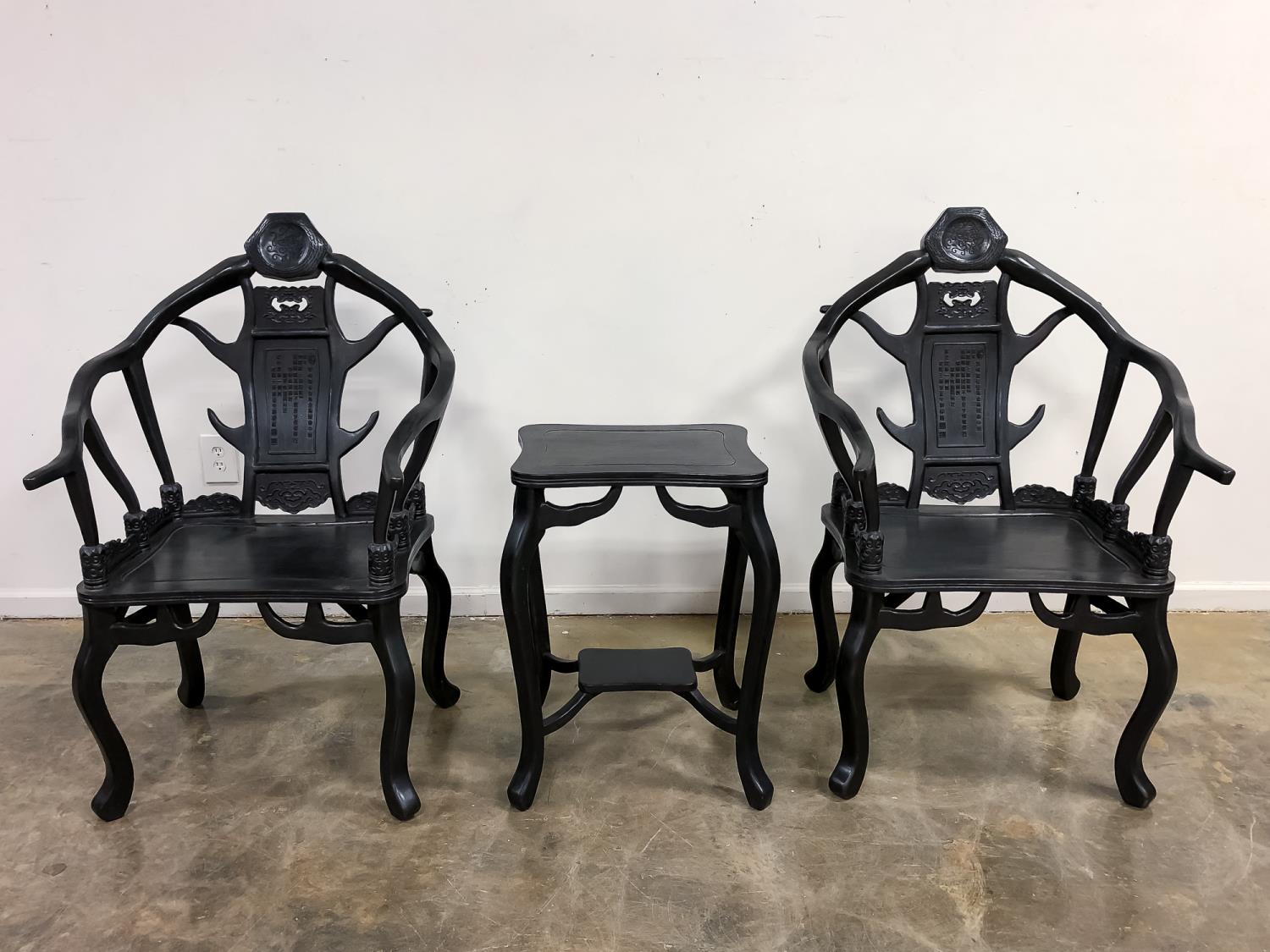 3PC, CHINESE BLACK HORN MOTIF ARMCHAIRS