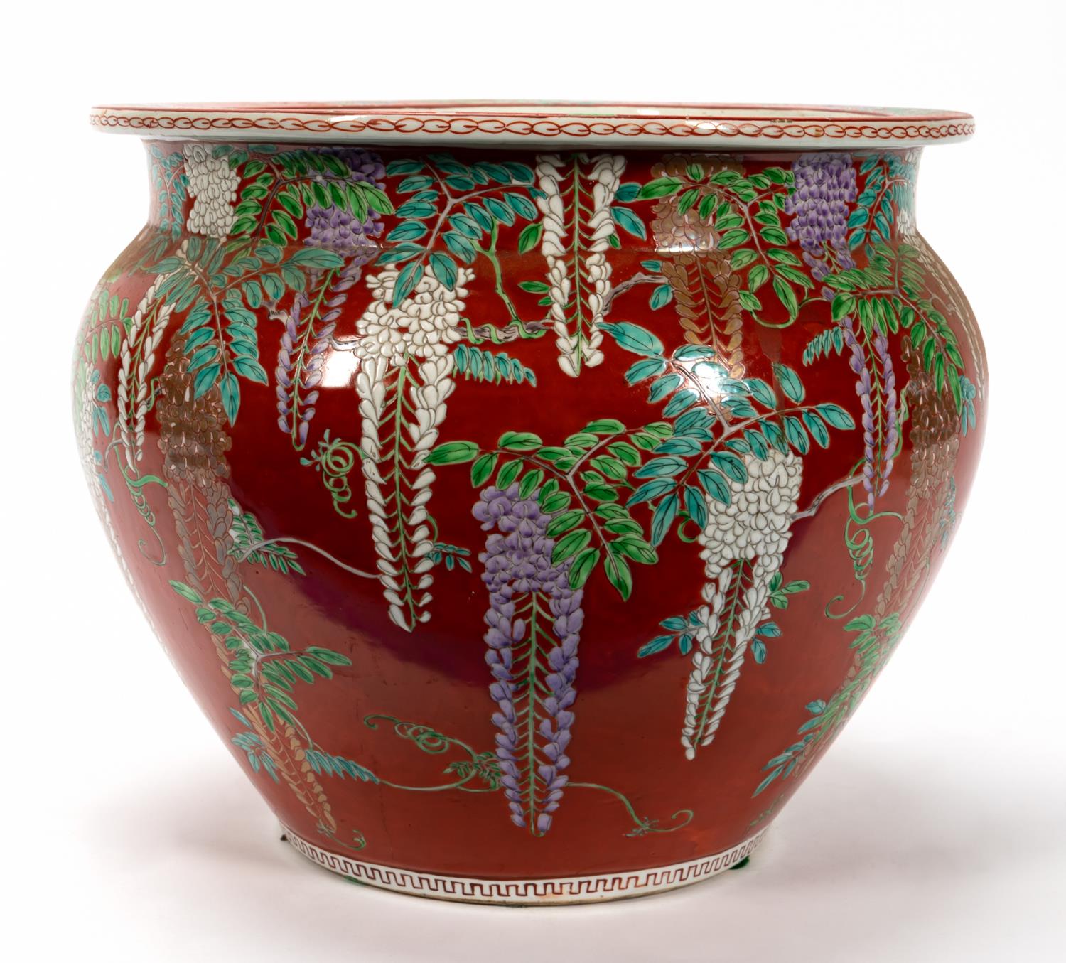 CHINESE RED GROUND & WISTERIA PORCELAIN