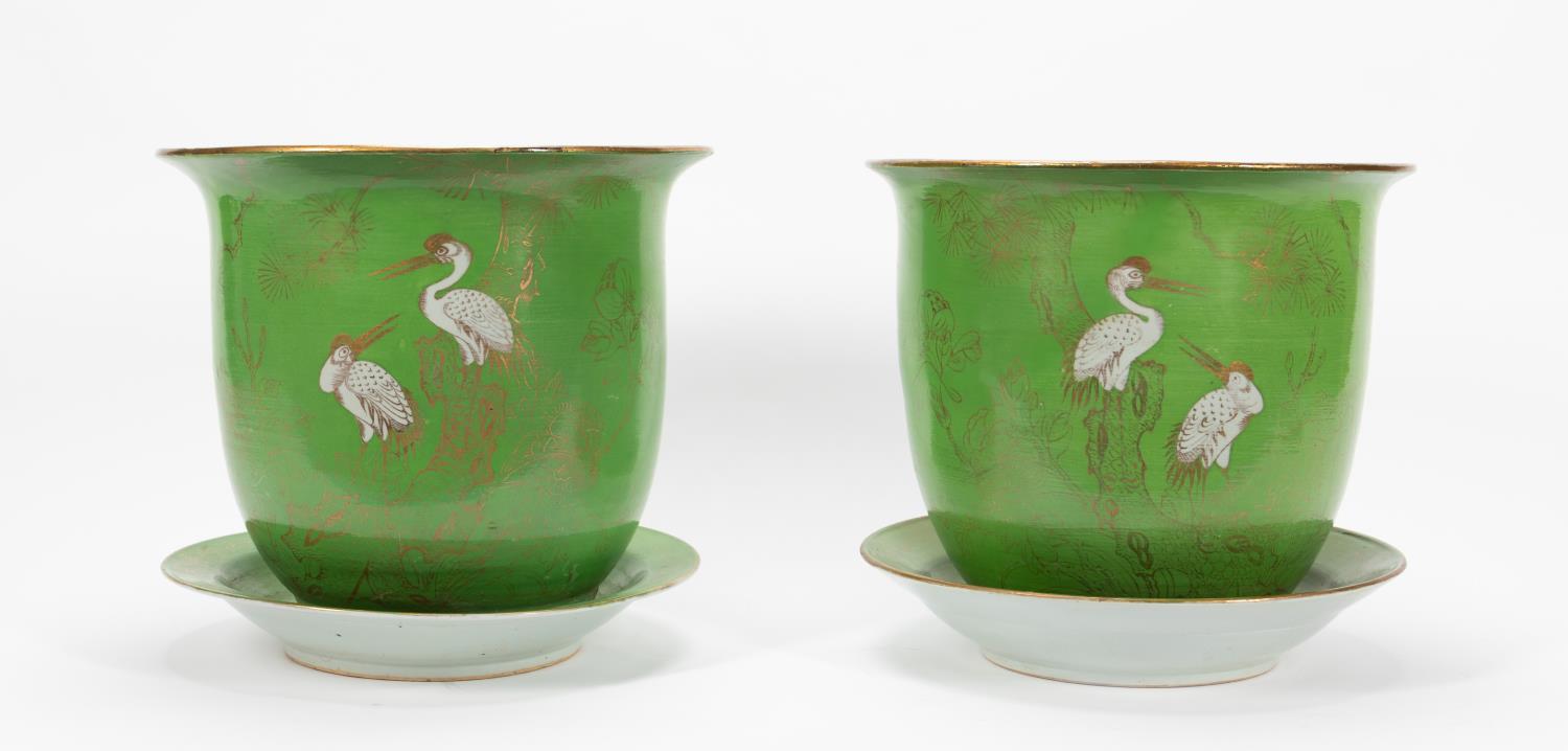 PAIR GREEN GLAZED GILT CRANE MOTIF 35e0a9