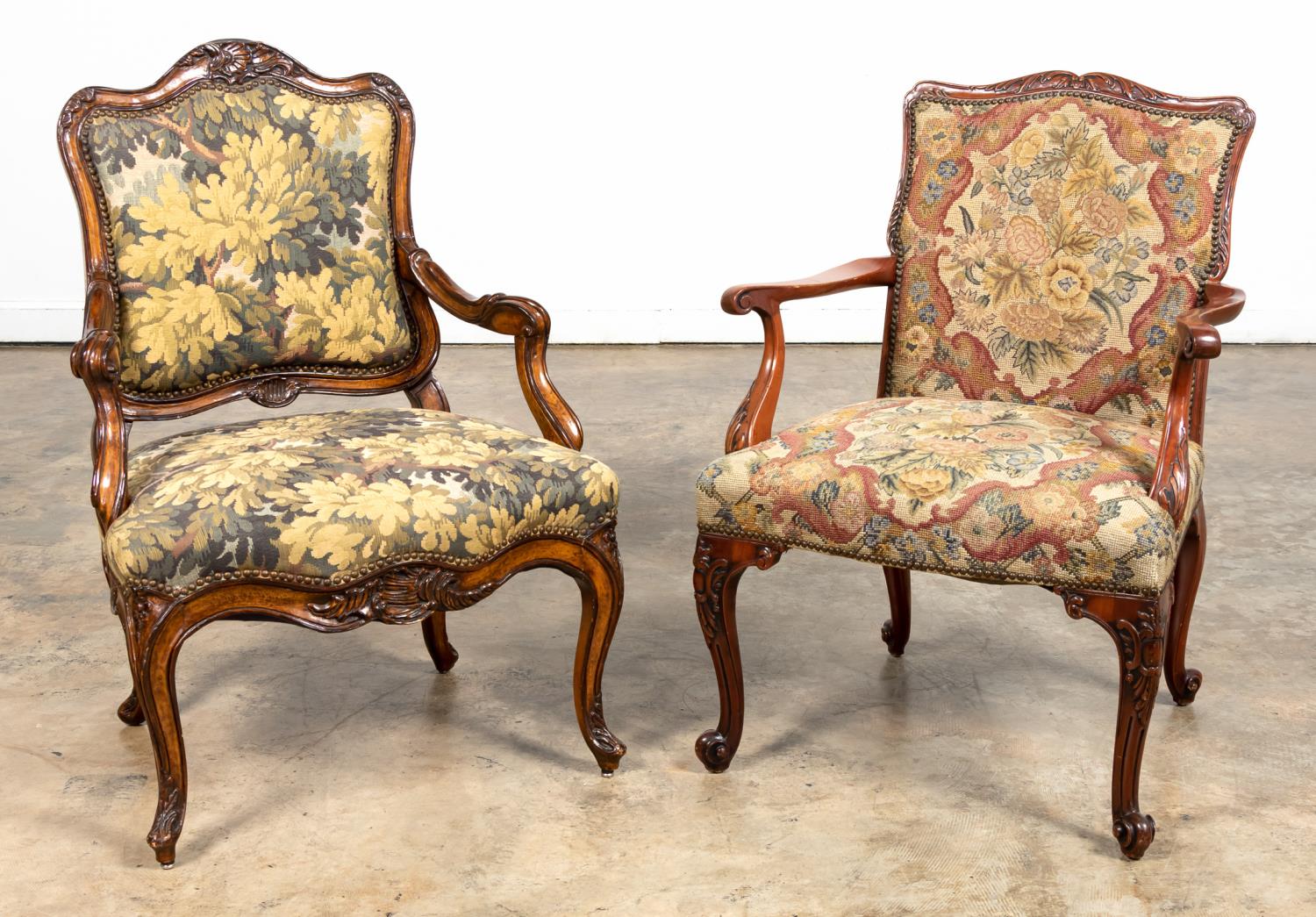 TWO FRENCH STYLE UPHOLSTERED ARMCHAIRS