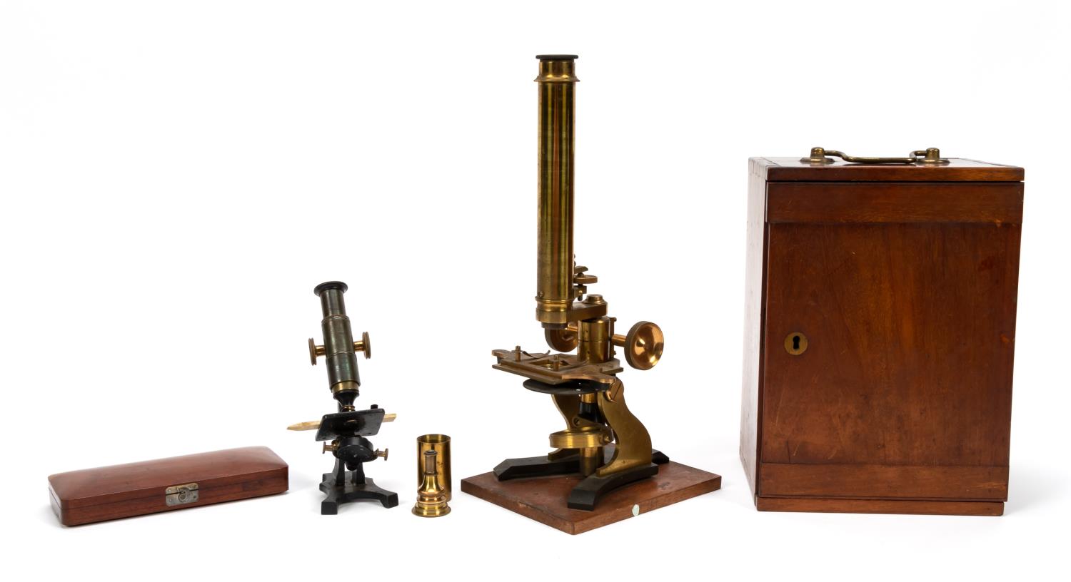 TWO ANTIQUE MICROSCOPES & WOODEN