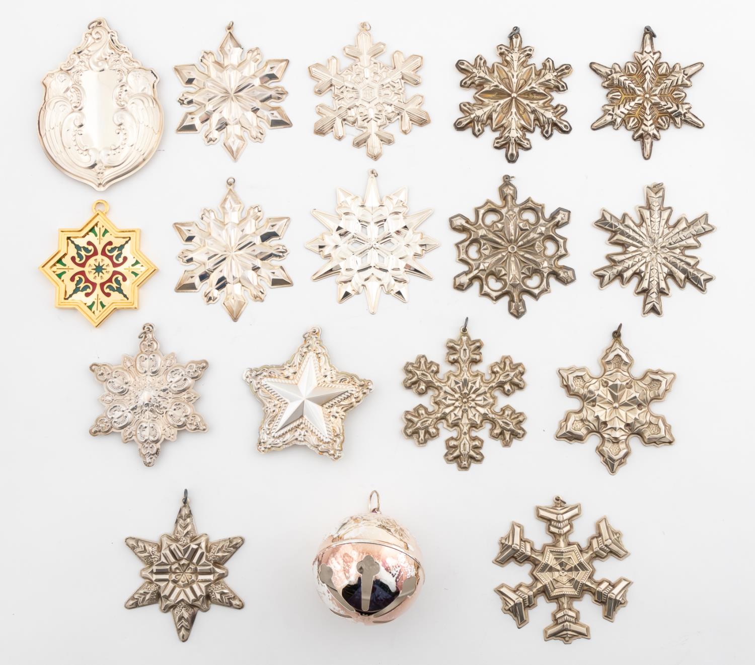 17 STERLING CHRISTMAS ORNAMENTS, INCL.