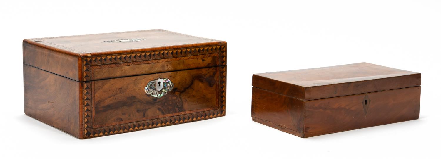 TWO ENGLISH BURL WOOD VENEER BOXES,