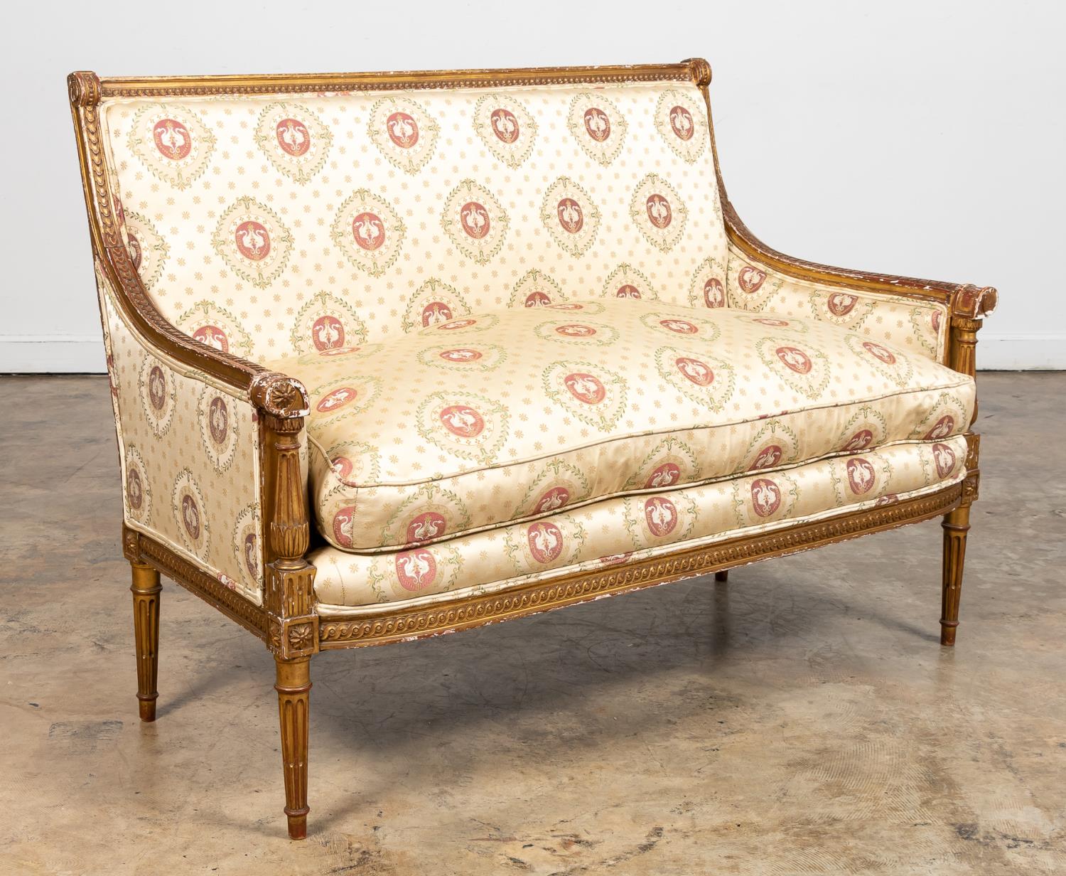 LOUIS XVI STYLE GILT FRAMED SETTEE