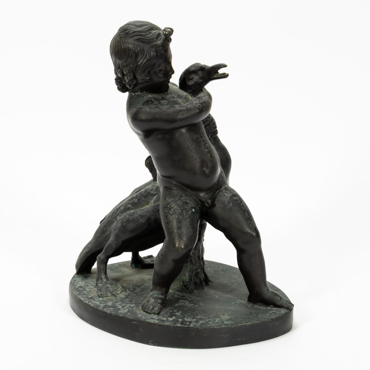 "BOY WRESTLING GOOSE", BRONZE ANIMAL