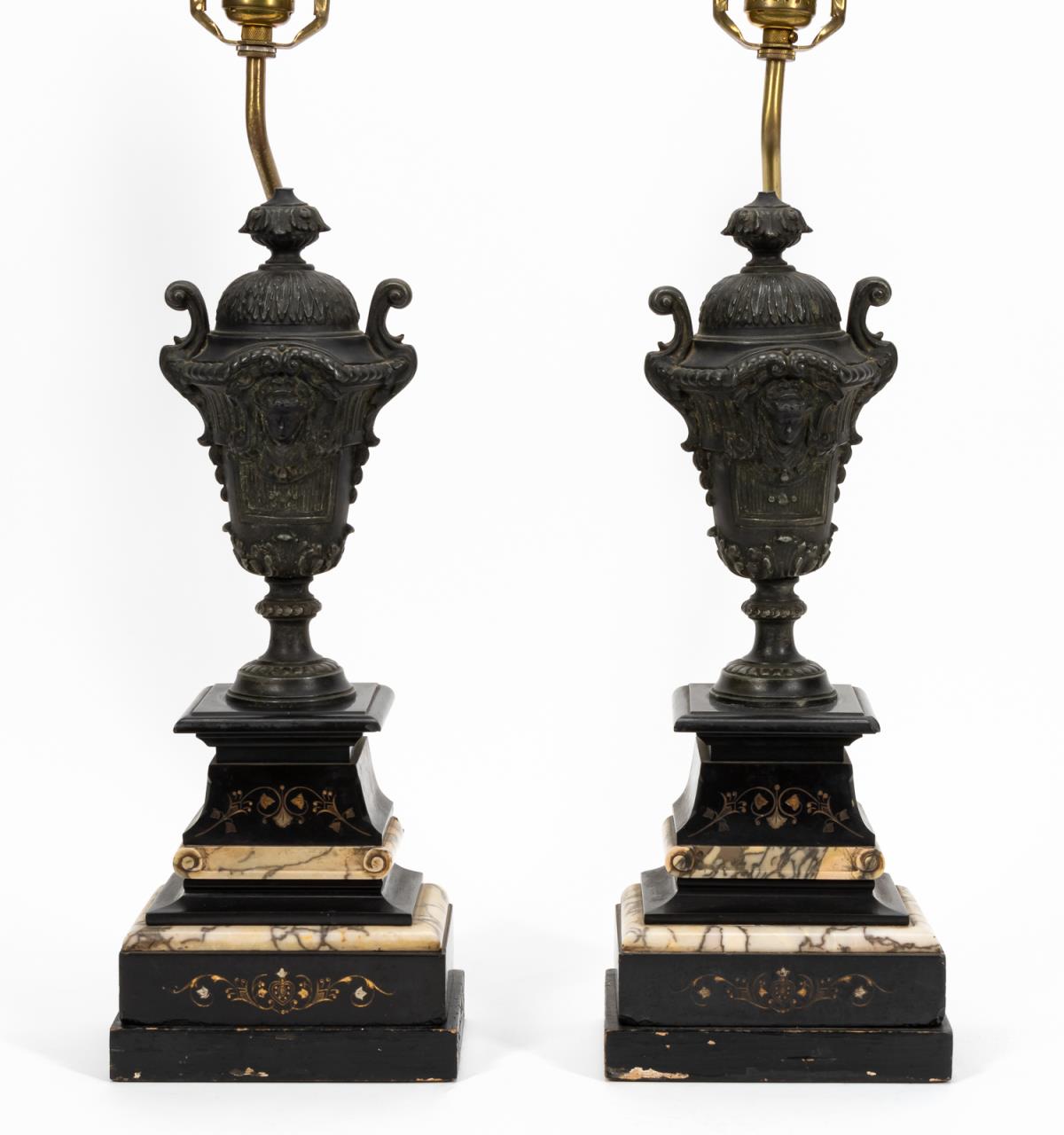 PAIR, ITALIAN BRONZE & MARBLE URN