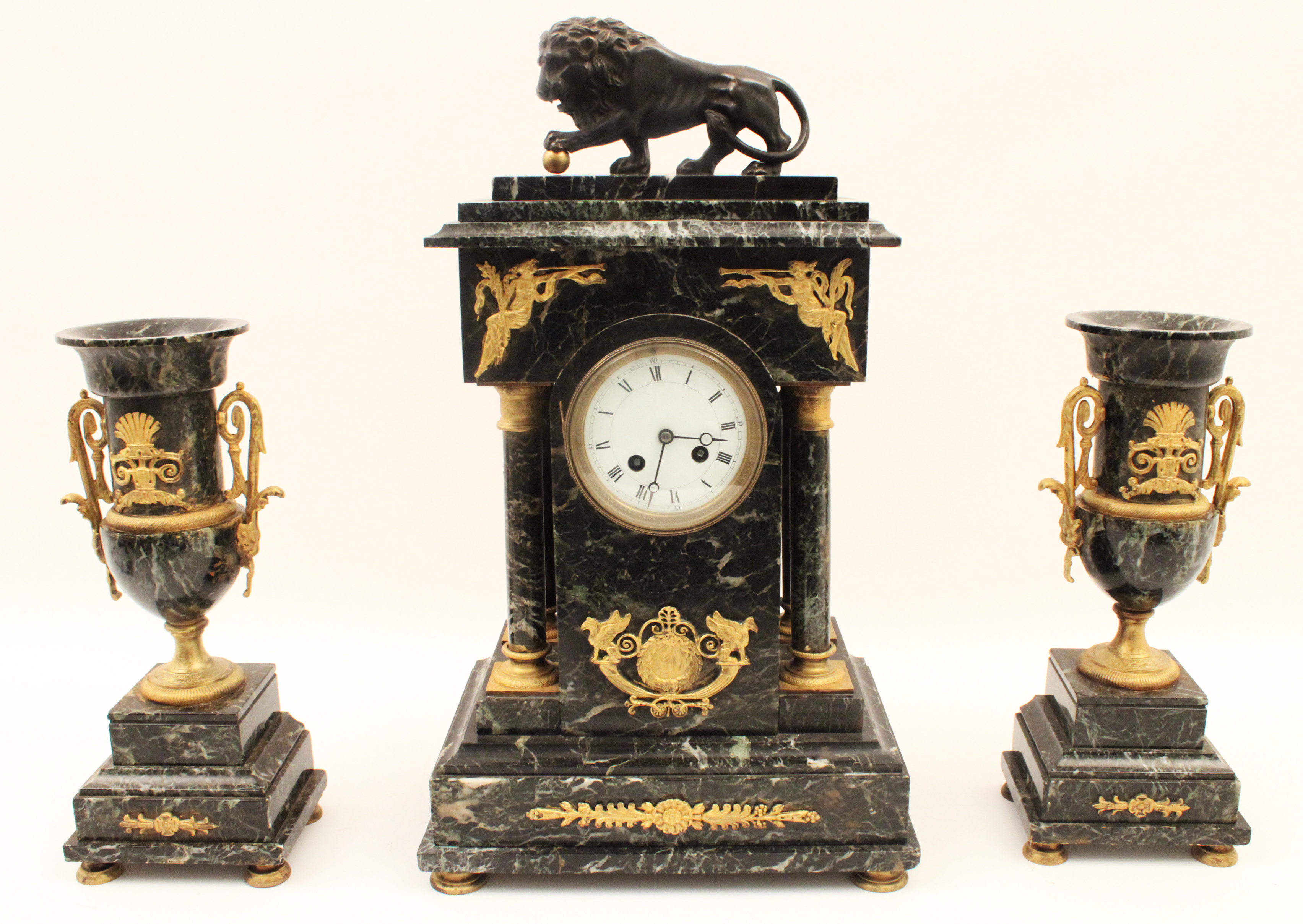 3 PC. FRENCH MARBLE CLOCK SET W/LION