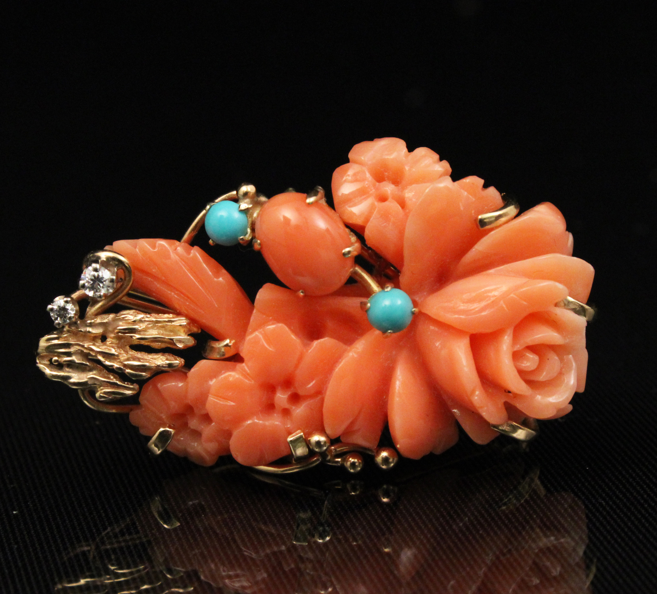 14K FLORAL CARVED CORAL PIN/PENDANT
