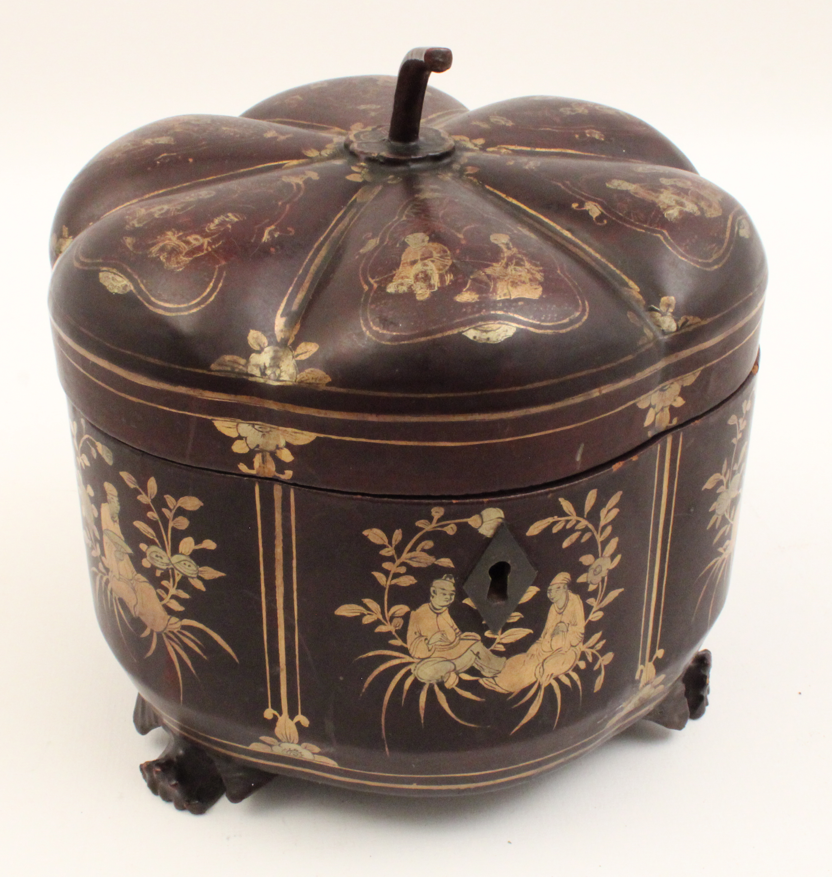ORIENTAL LACQUERED TEA CADDY W/PAINTED