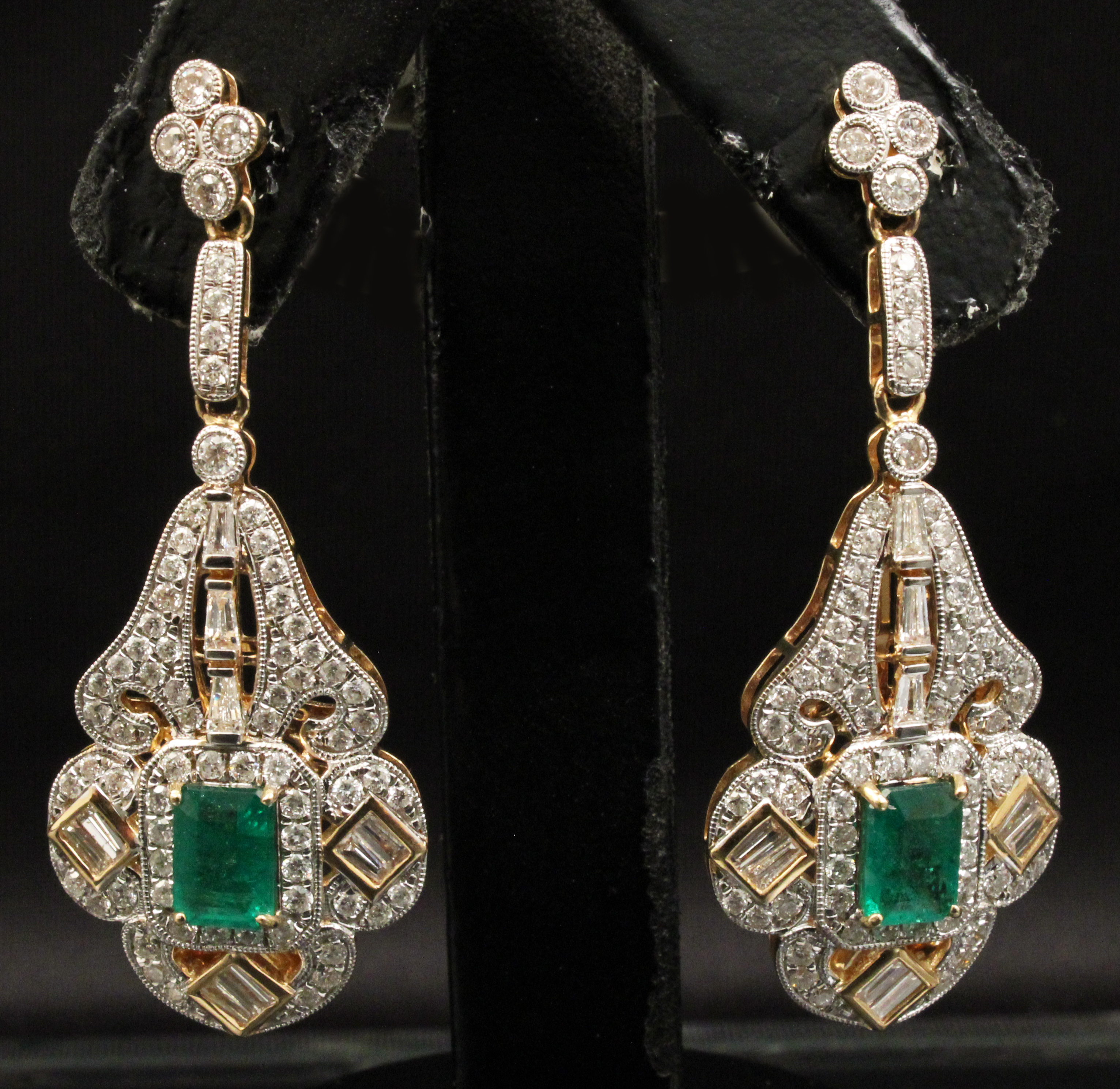 PR OF 14K EMERALD AND DIAMOND EARRINGS