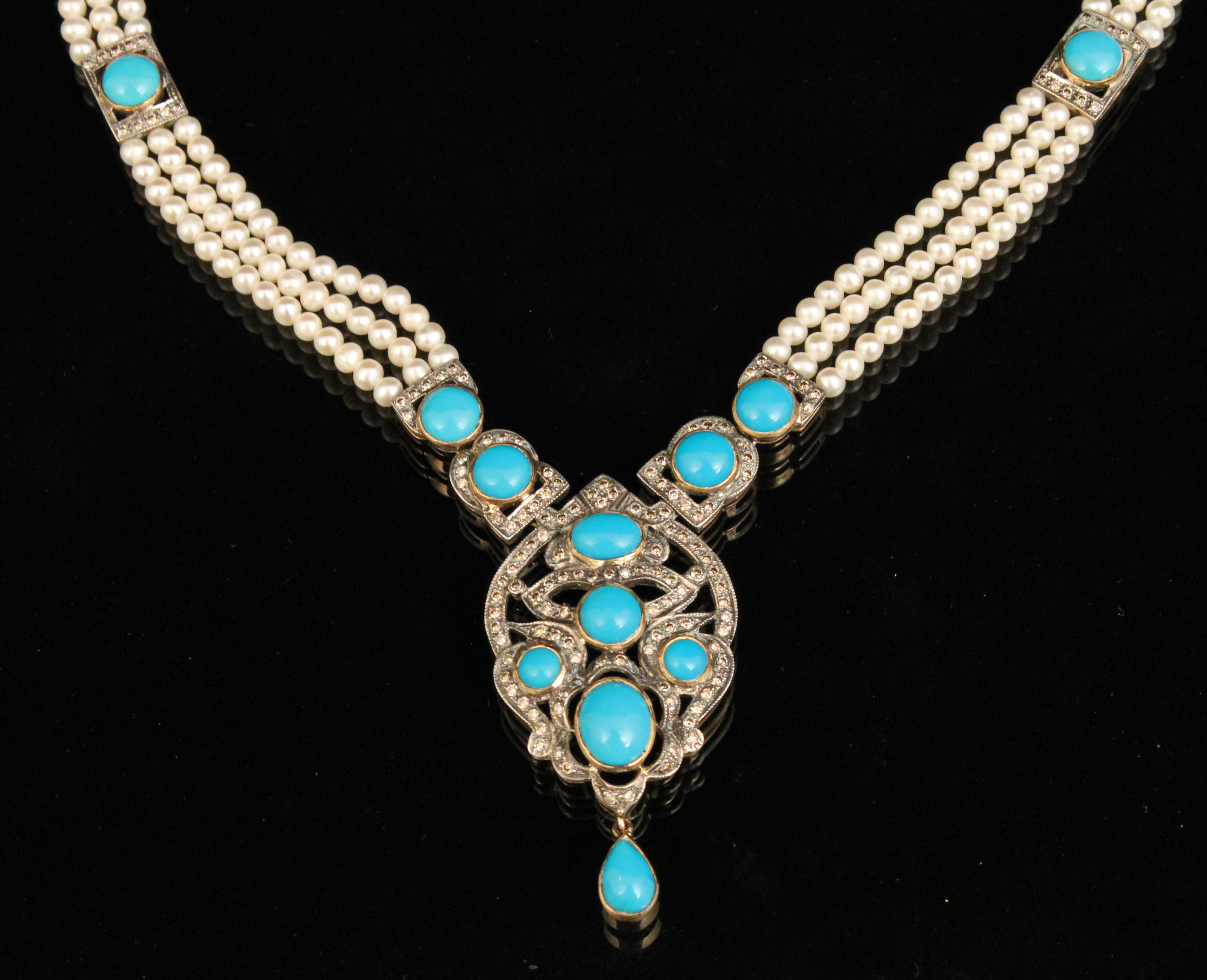 18K DIAMOND TURQUOISE AND PEARL 35eb96