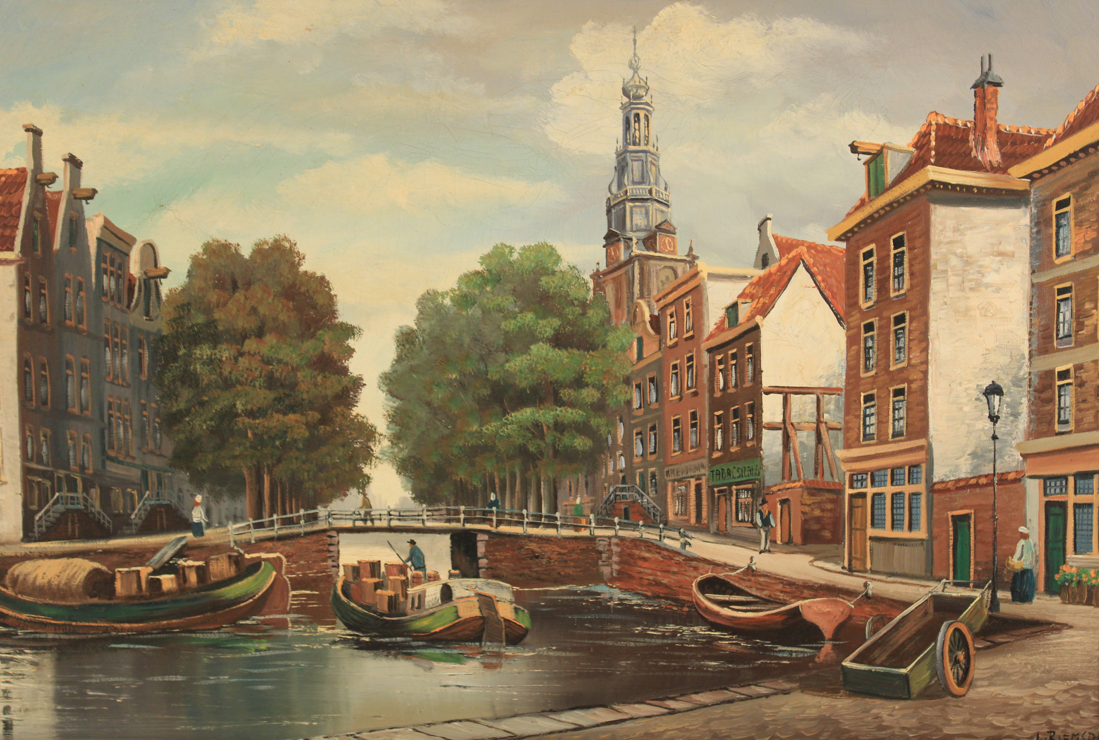 SIGNED O C PAINTING OF DUTCH CANAL 35ec31