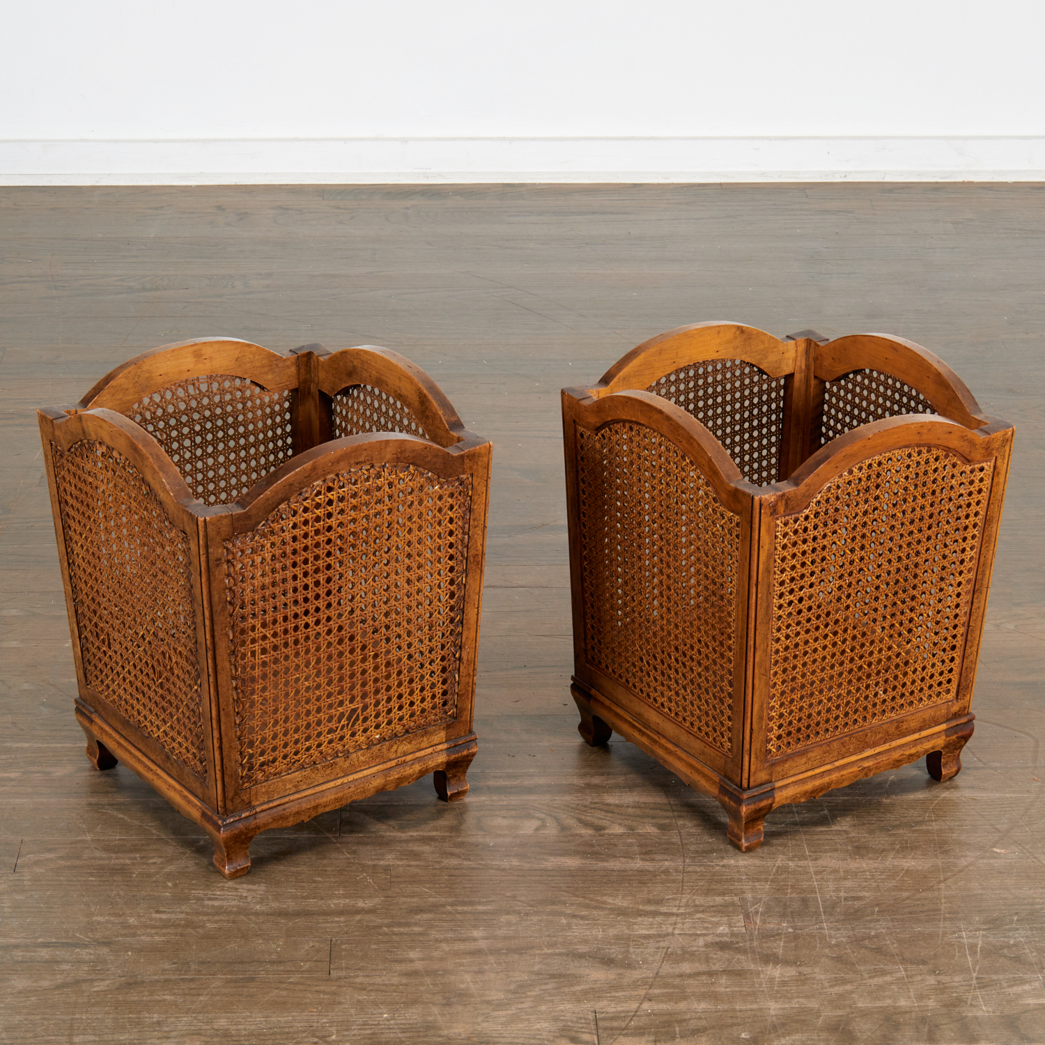 PAIR ITALIAN CANED WALNUT WASTEBASKETS 36172b