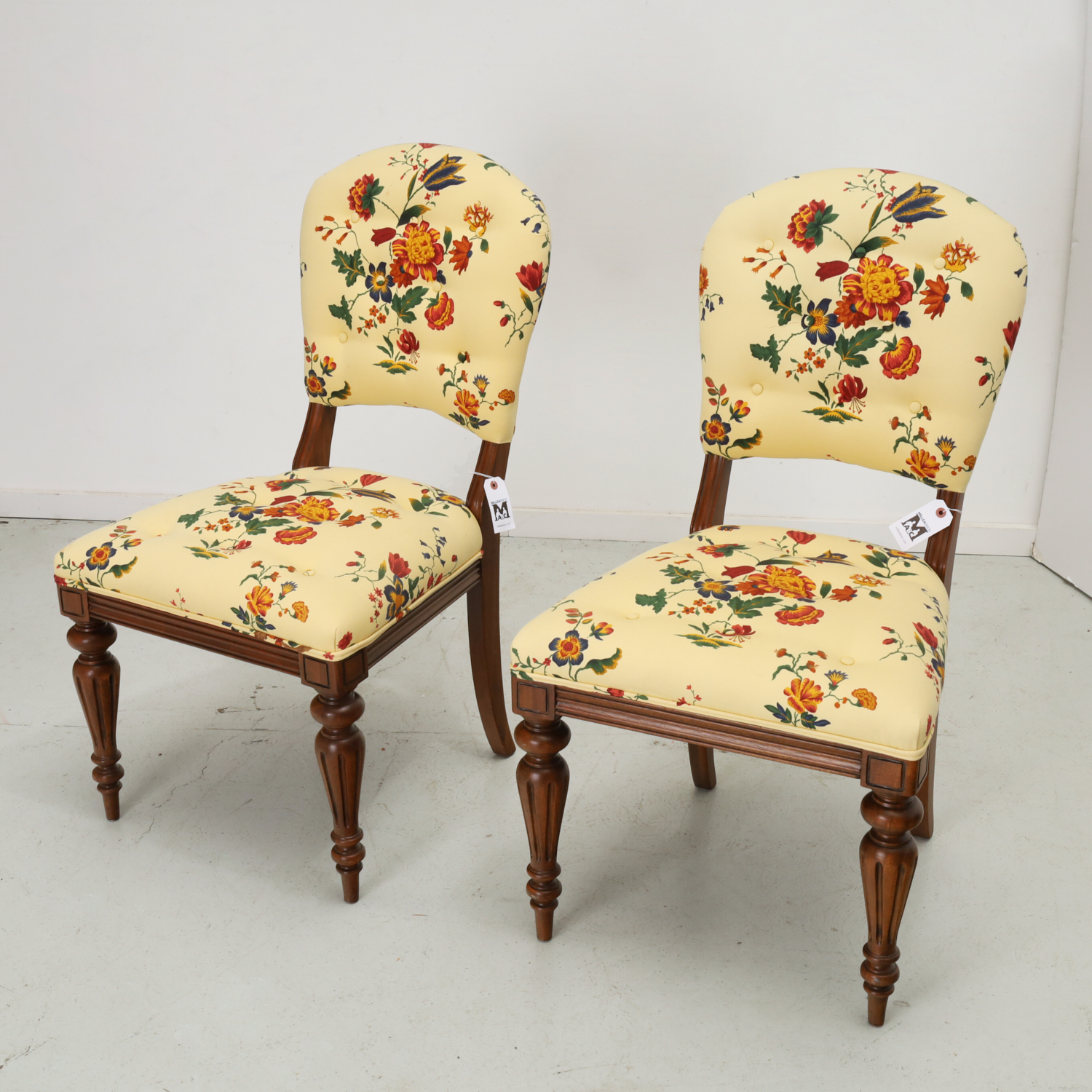 PAIR DECORATOR FLORAL UPHOLSTERED